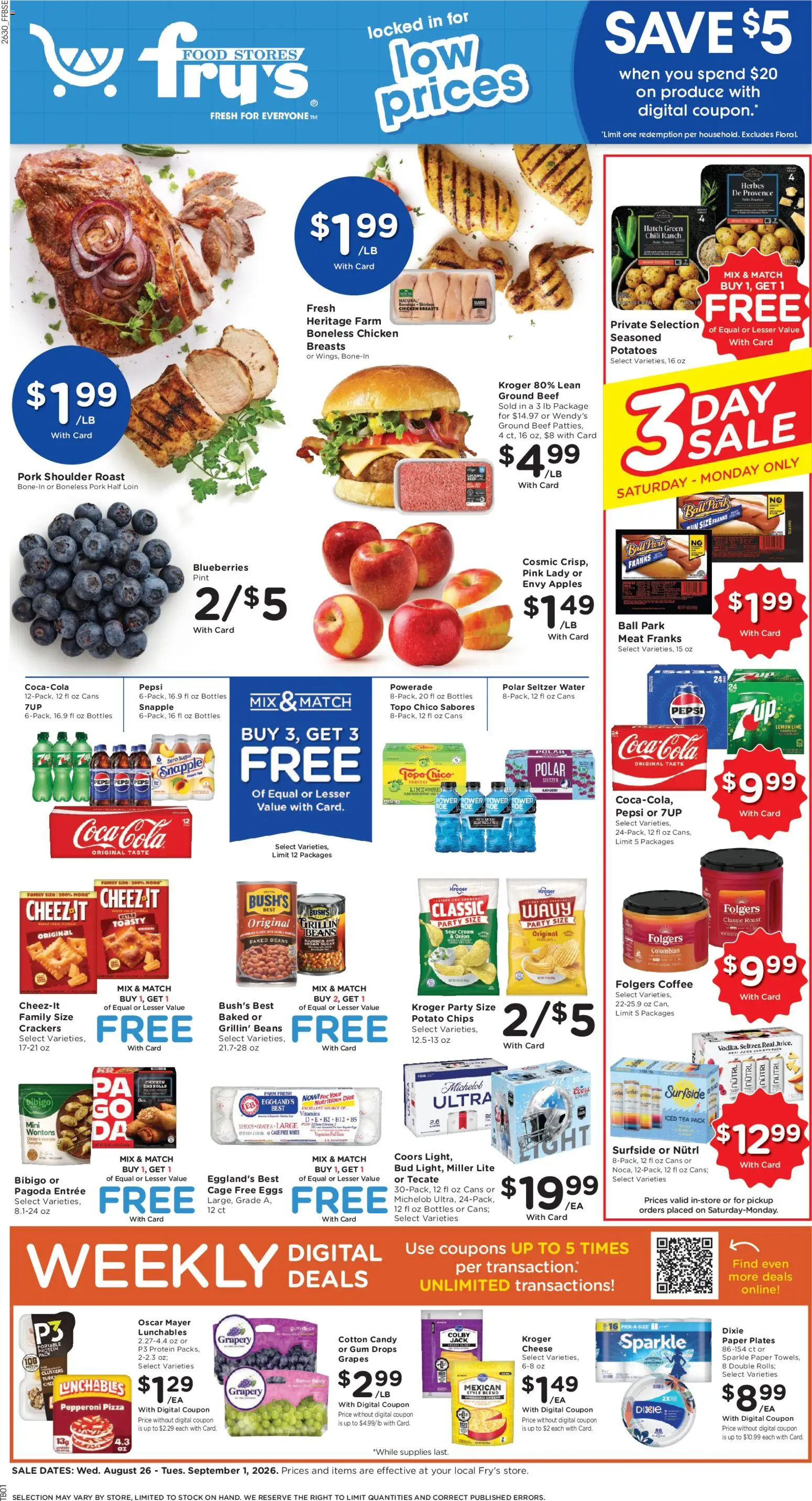 Fry's Food Weekly Ad - valid from 08/26/2026 | Page: 1 | Products: Apples, Protein, Chips, Chili