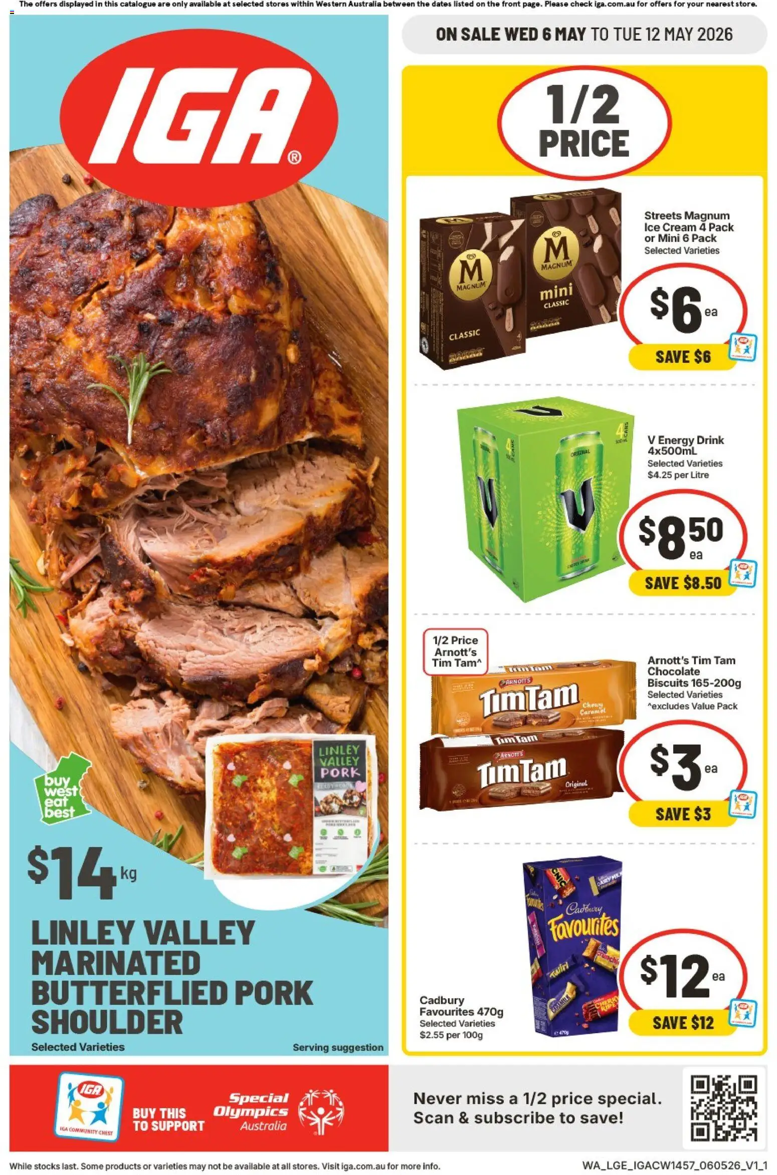 IGA catalogue - valid from 06.05.2026 | Page: 1 | Products: Energy drink, Pork, Biscuits, Ice cream