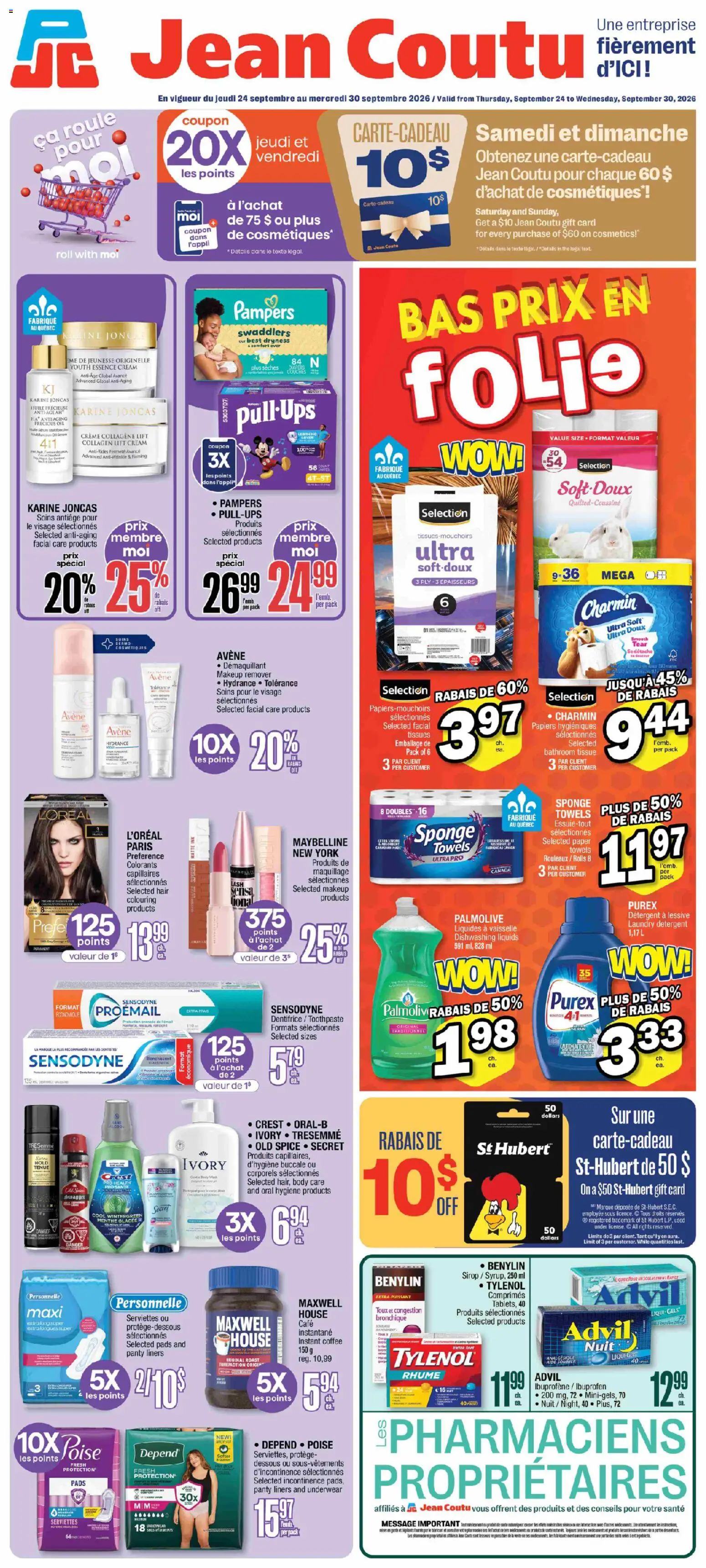 Jean Coutu flyer valid from Sep 24, 2026 | Page: 1 | Products: Instant coffee, Sponge, Toothpaste, Panty liners