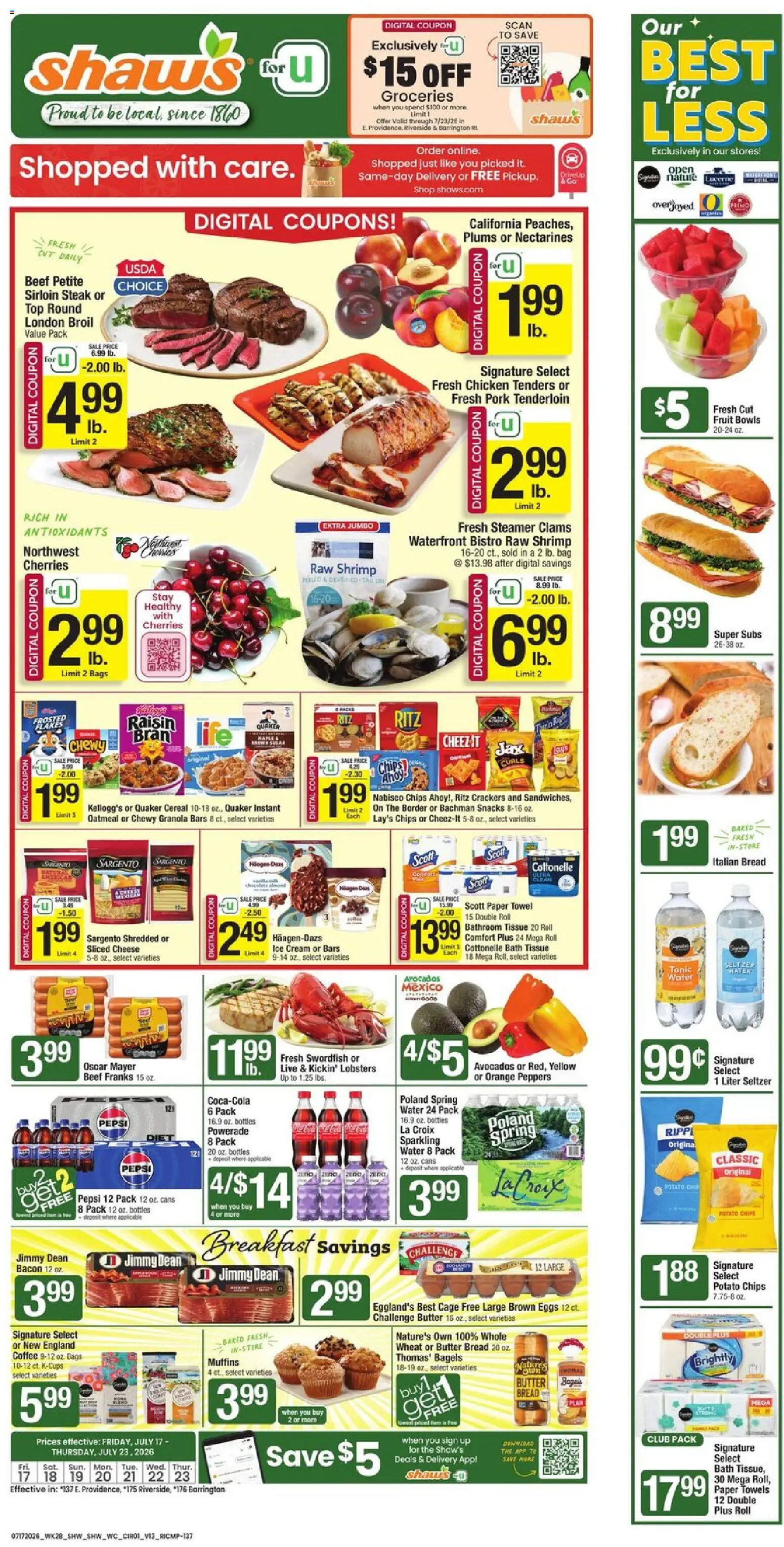 Shaw's Weekly Ad - RI - valid from 07/17/2026 | Page: 1 | Products: Cherries, Peppers, Ice cream, Water