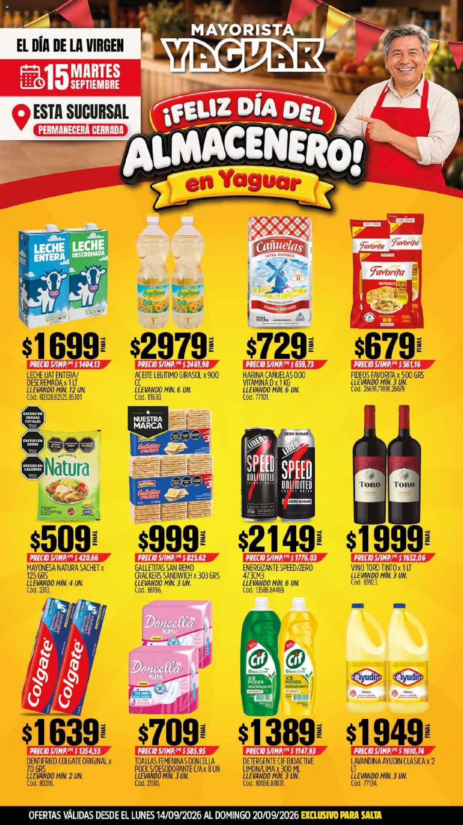 Yaguar - Oferta Semanal Salta │ válido desde el 14/09/2026 | Página: 1 | Productos: Harina, Detergente, Leche, Fideos