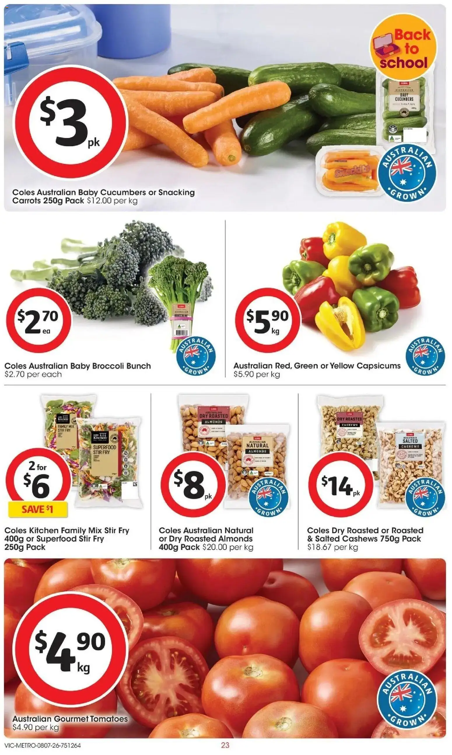 Coles catalogue - valid from 07/07/2026 | Page: 23 | Products: Almonds, Tomatoes, Carrots, Cucumbers