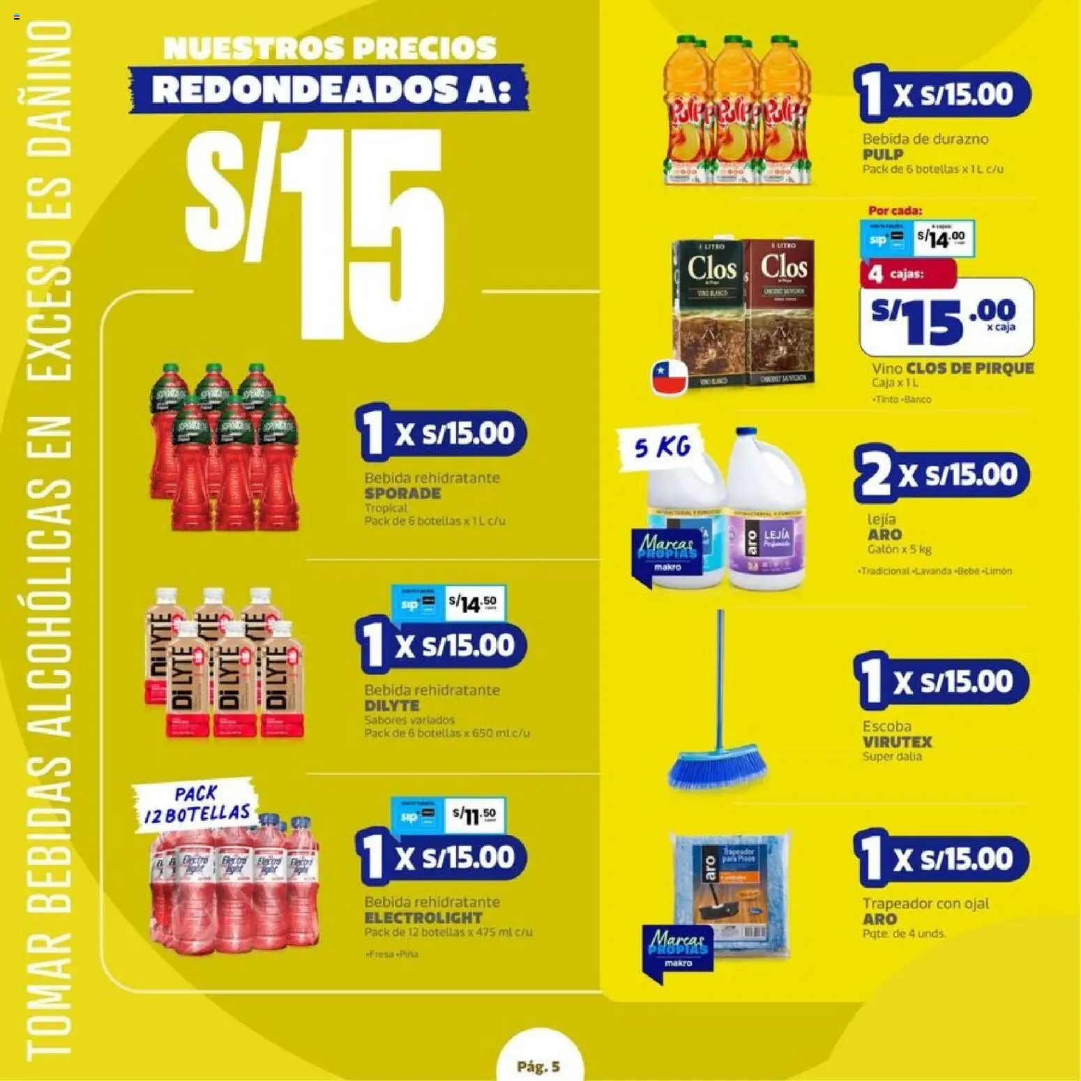 Catálogo Makro válido desde 27/08/2026 | Página: 5 | Productos: Trapeador, Bebidas, Caja, Vino
