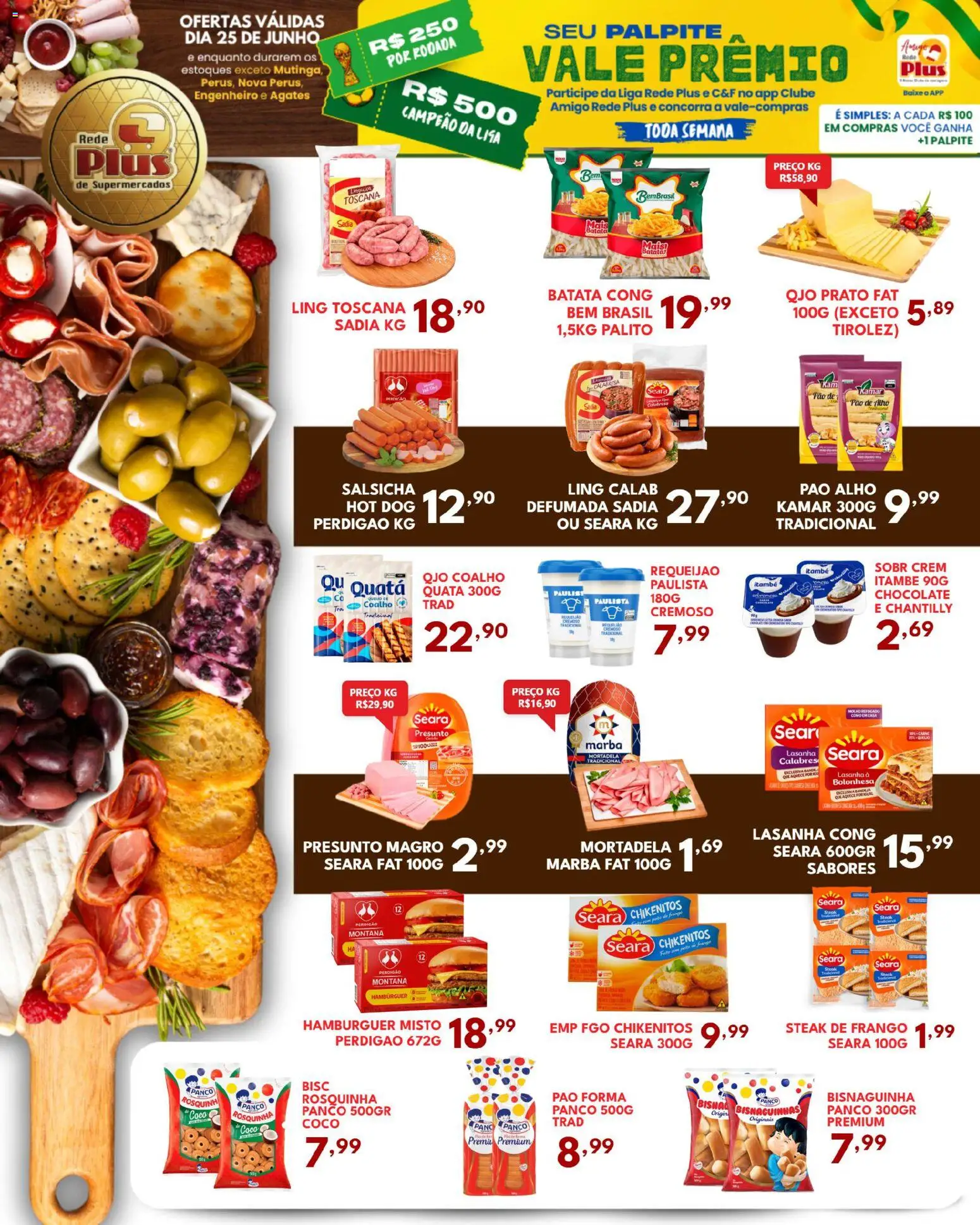 Rede Plus Supermercados Folheto - válido de 24/06/2026 | Página: 3 | Produtos: Salsicha, Presunto, Rosquinha, Requeijão