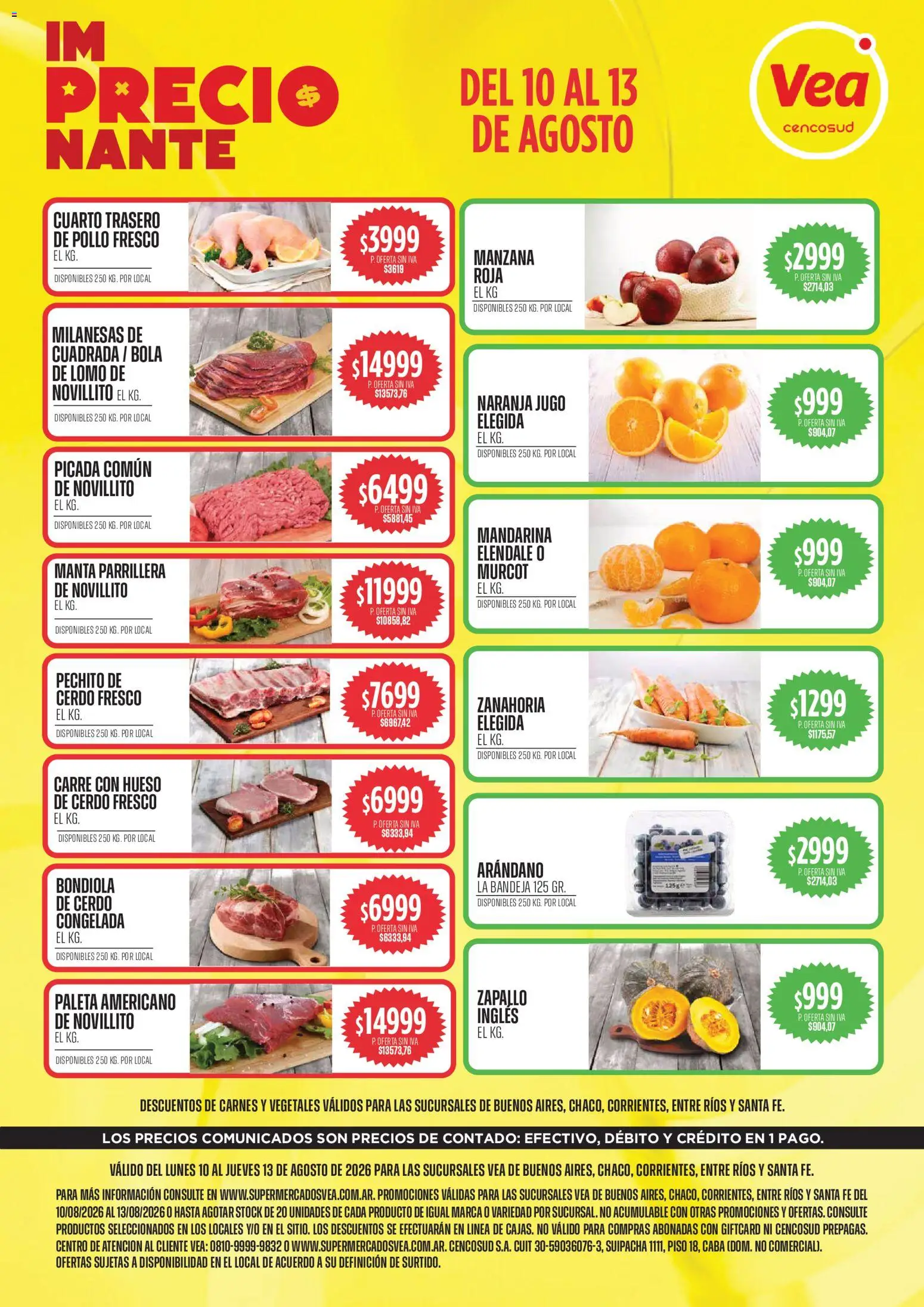 Vea - Volante Semanal BA y Nea │ válido desde el 10/08/2026 | Página: 1 | Productos: Lomo, Pollo, Manzana, Jugo