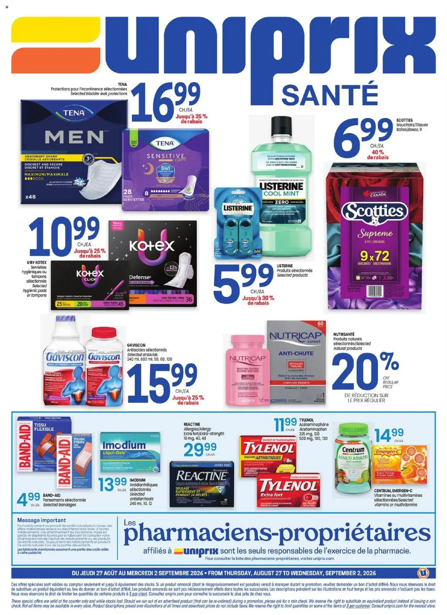 Uniprix flyer valid from Aug 27, 2026 | Page: 4 | Products: Listerine, Tampons