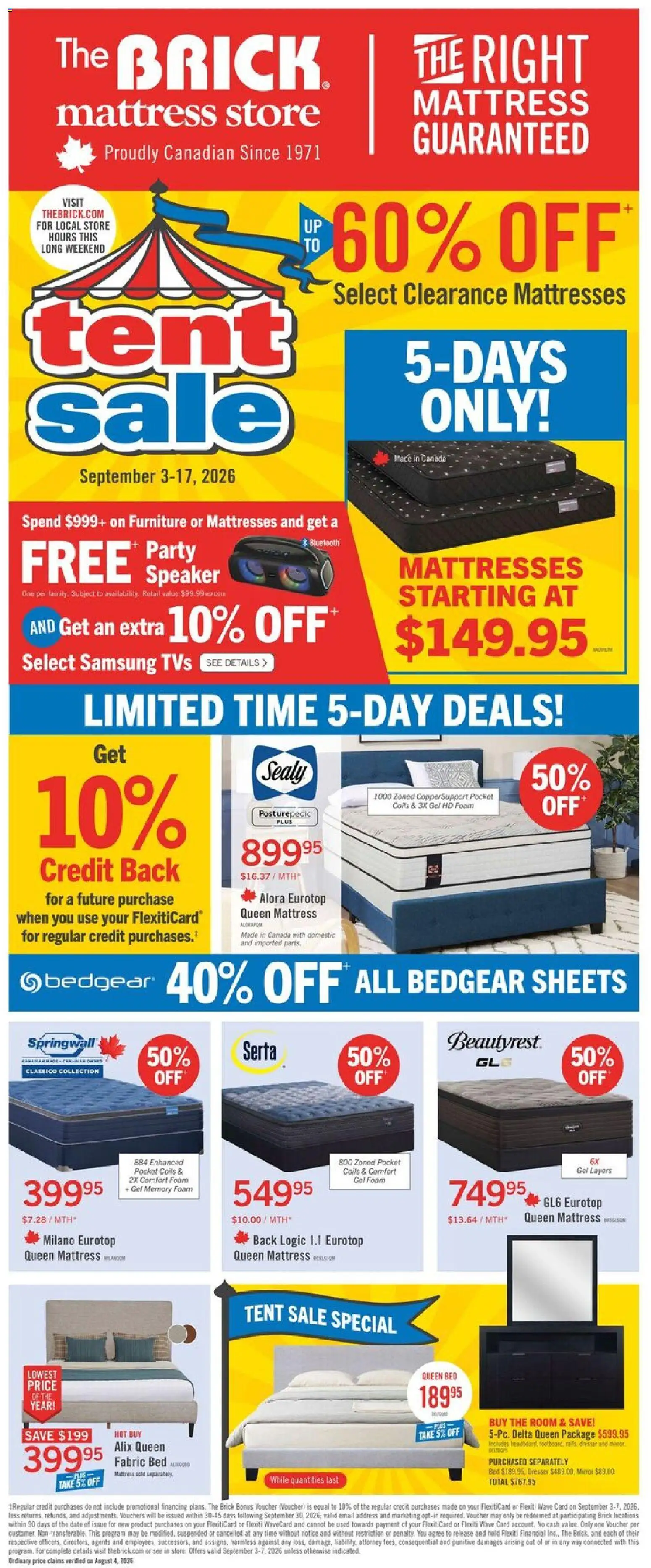 The Brick flyer valid from Sep 3, 2026 | Page: 1 | Products: Dresser, Speaker, Mattresses, Bed