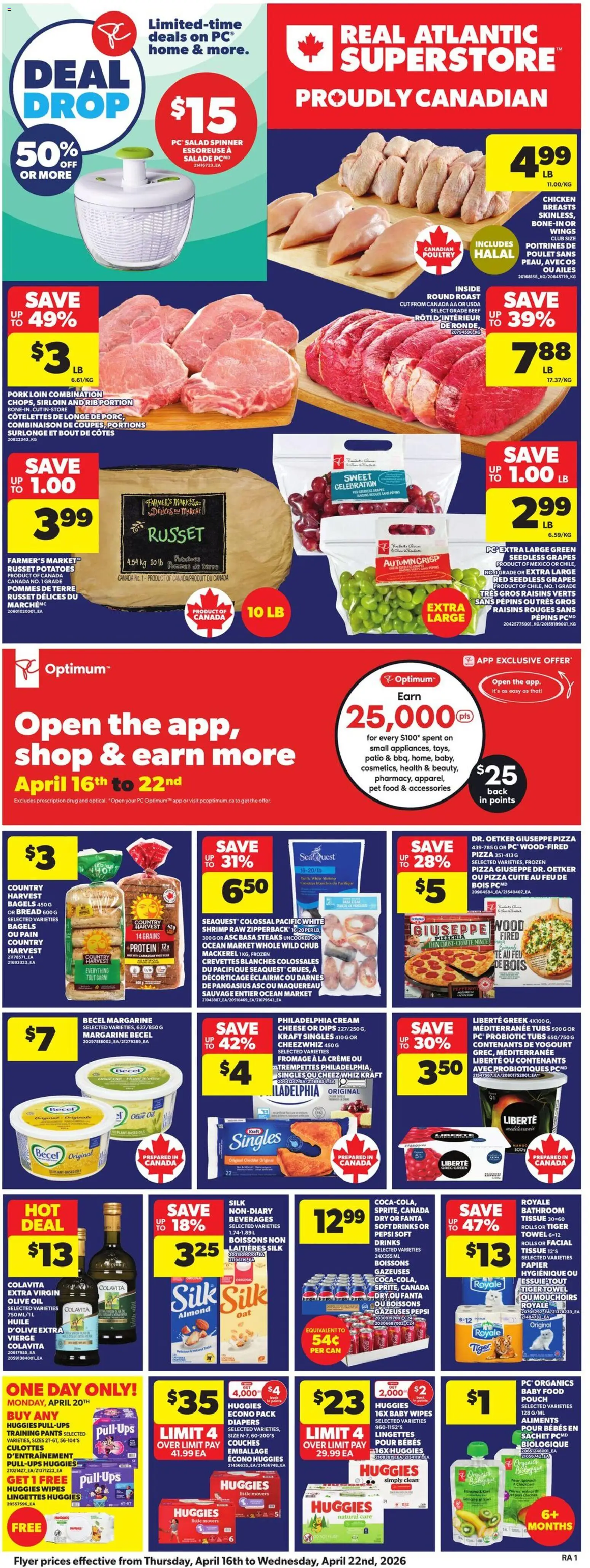 Atlantic Superstore flyer valid from 16.04.2026 | Page: 3 | Products: Chicken breasts, PC, Chicken, Pork