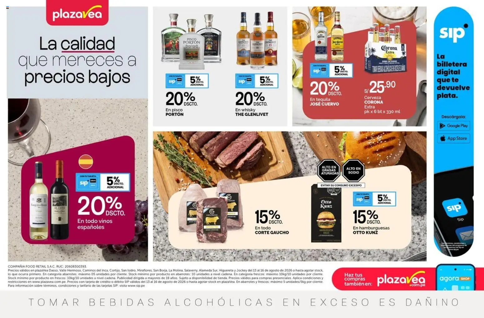 Catálogo Plaza Vea válido desde 13/08/2026 | Página: 1 | Productos: Hamburguesas, Cerveza, Té, Whisky