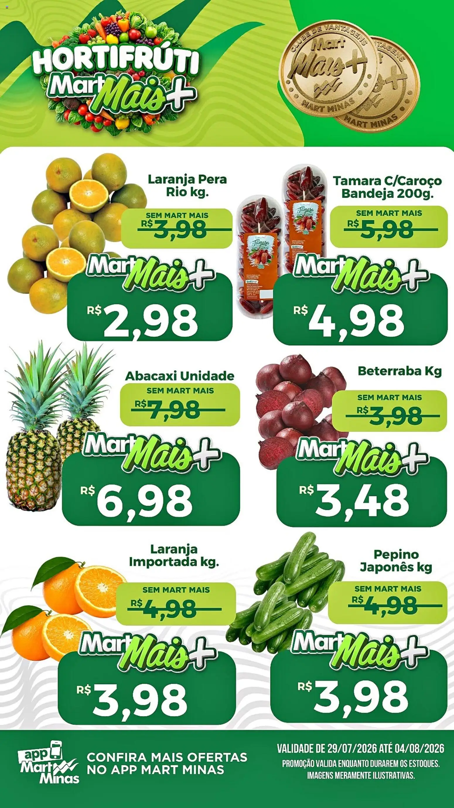 Mart Minas Folheto - válido de 29/07/2026 | Página: 1 | Produtos: Pera, Beterraba, Abacaxi, Bandeja