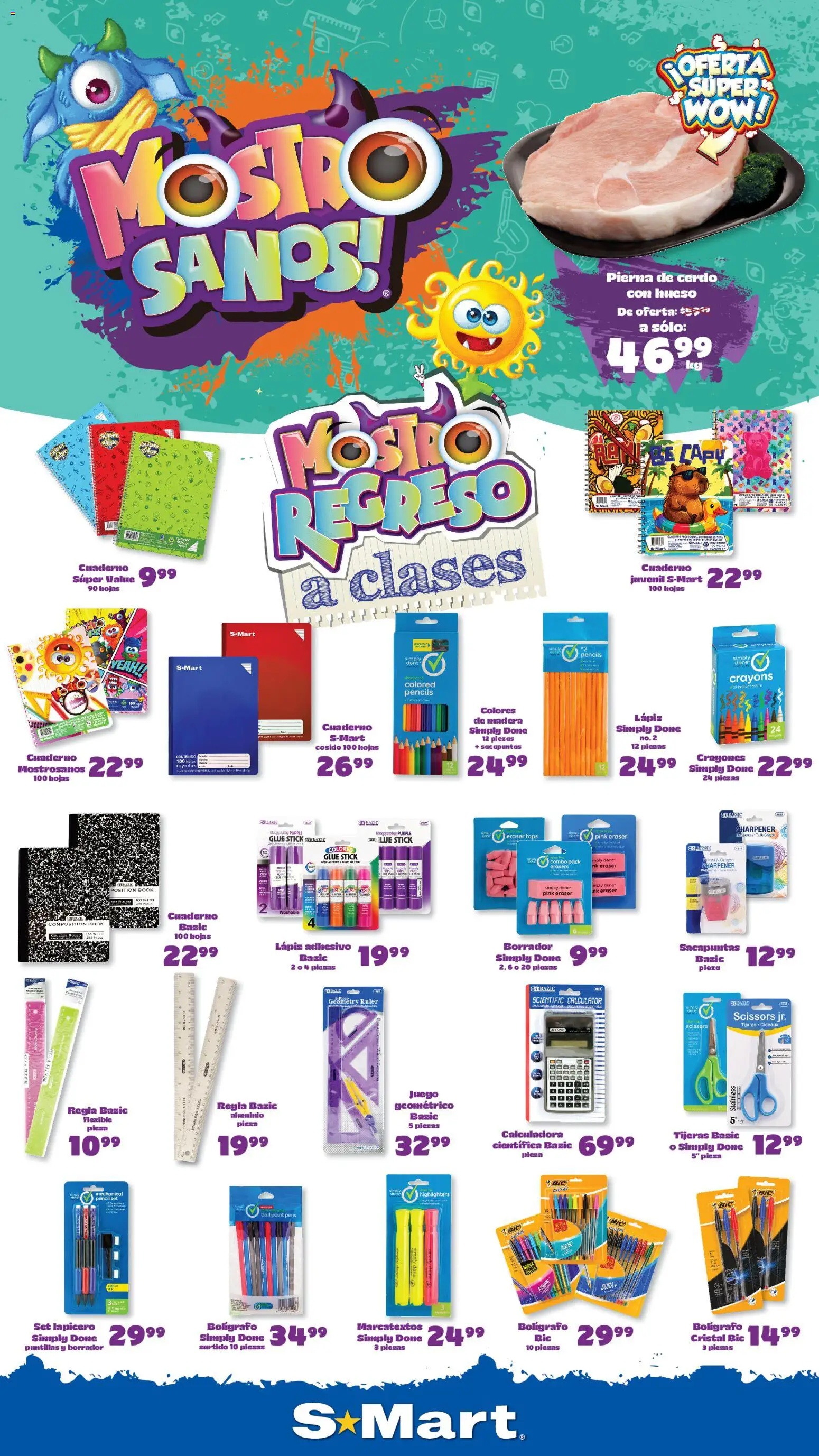 Nuevas ofertas de S-Mart válidas en toda la República Mexicana desde el 18/08/2026. ¡Encuentra las mejores ofertas en S-Mart folleto Ofertas de feria Chihuahua! | Página: 1 | Productos: Cuaderno, Pierna de cerdo, Calculadora, Flexible