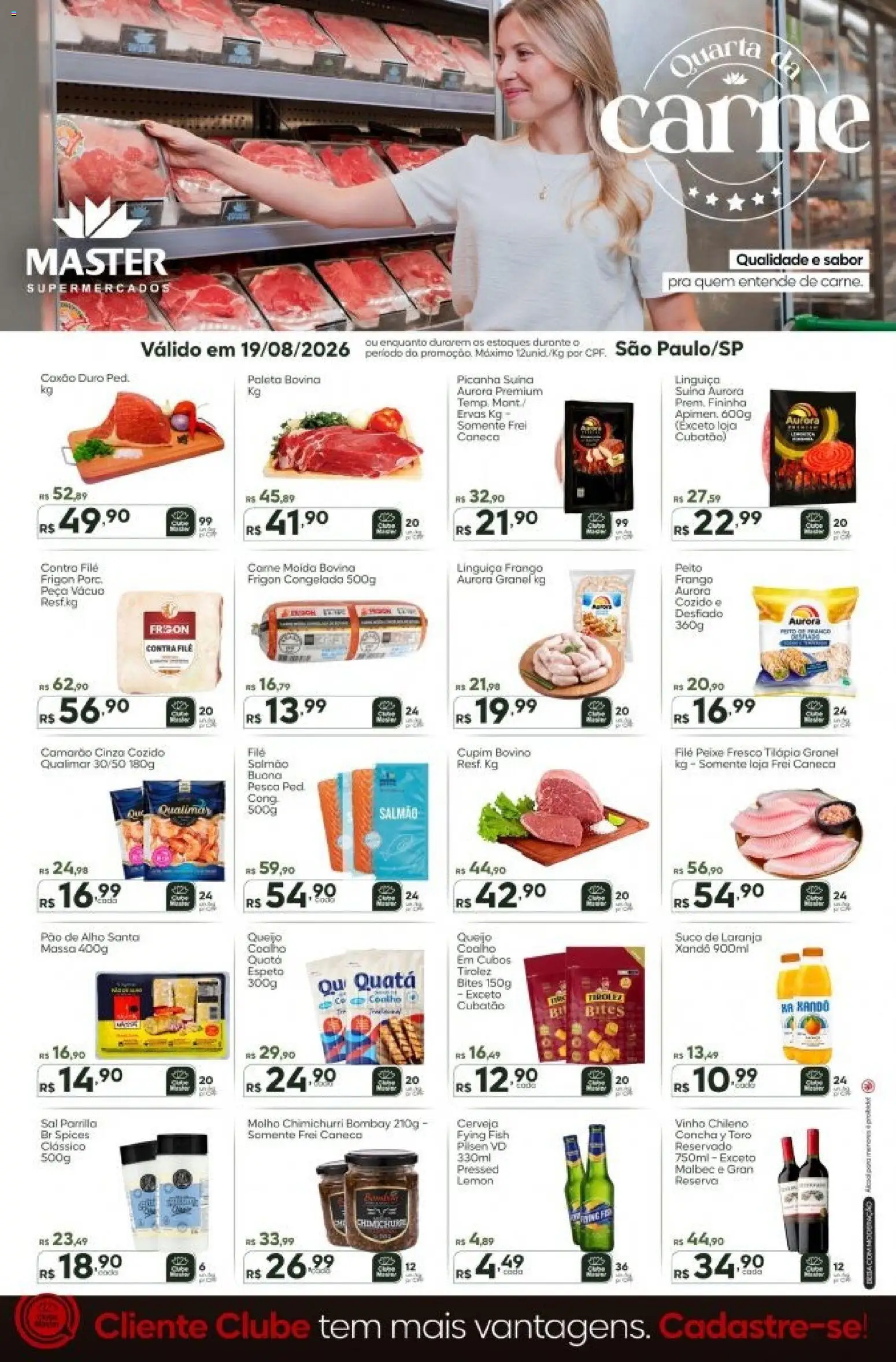 Master Folheto - válido de 19/08/2026 | Página: 1 | Produtos: Alho, Coxão duro, Contra filé, Tilápia