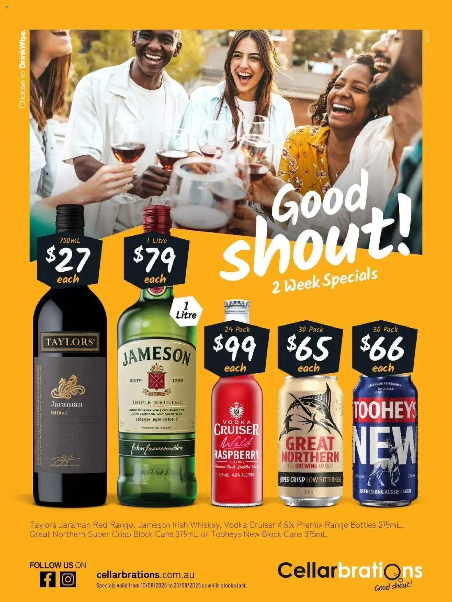Cellarbrations - Good Shout! 10/08 - 10/08/2026 > weekly / monthly specials | Page: 1 | Products: Vodka, Whiskey, Raspberry, Jameson