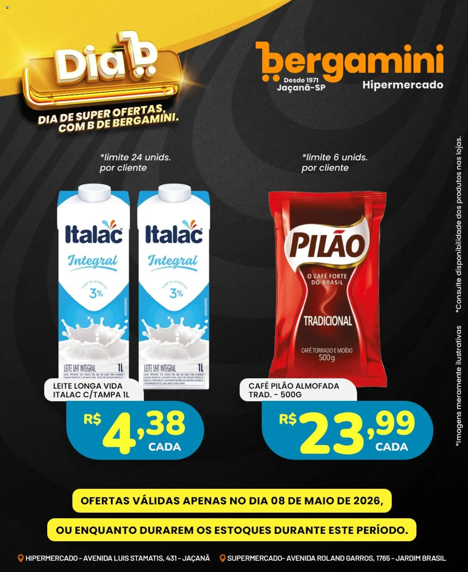 Supermercado Bergamini Folheto - válido de 08.05.2026 | Página: 2 | Produtos: Almofada, Maiô, Leite, Café pilão