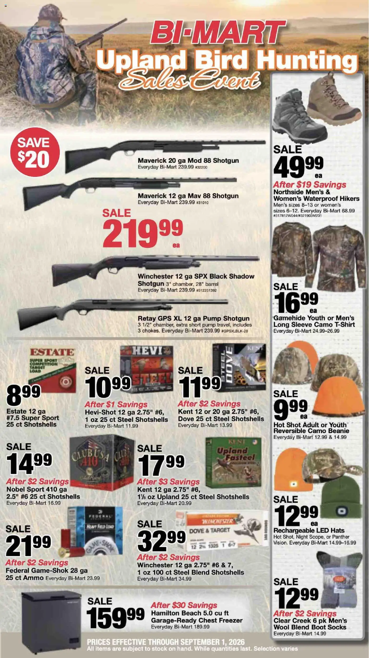 Bi-Mart Upland Bird Hunting Flyer - valid from 08/18/2026 | Page: 1 | Products: Pump, Socks, Freezer, Ammo
