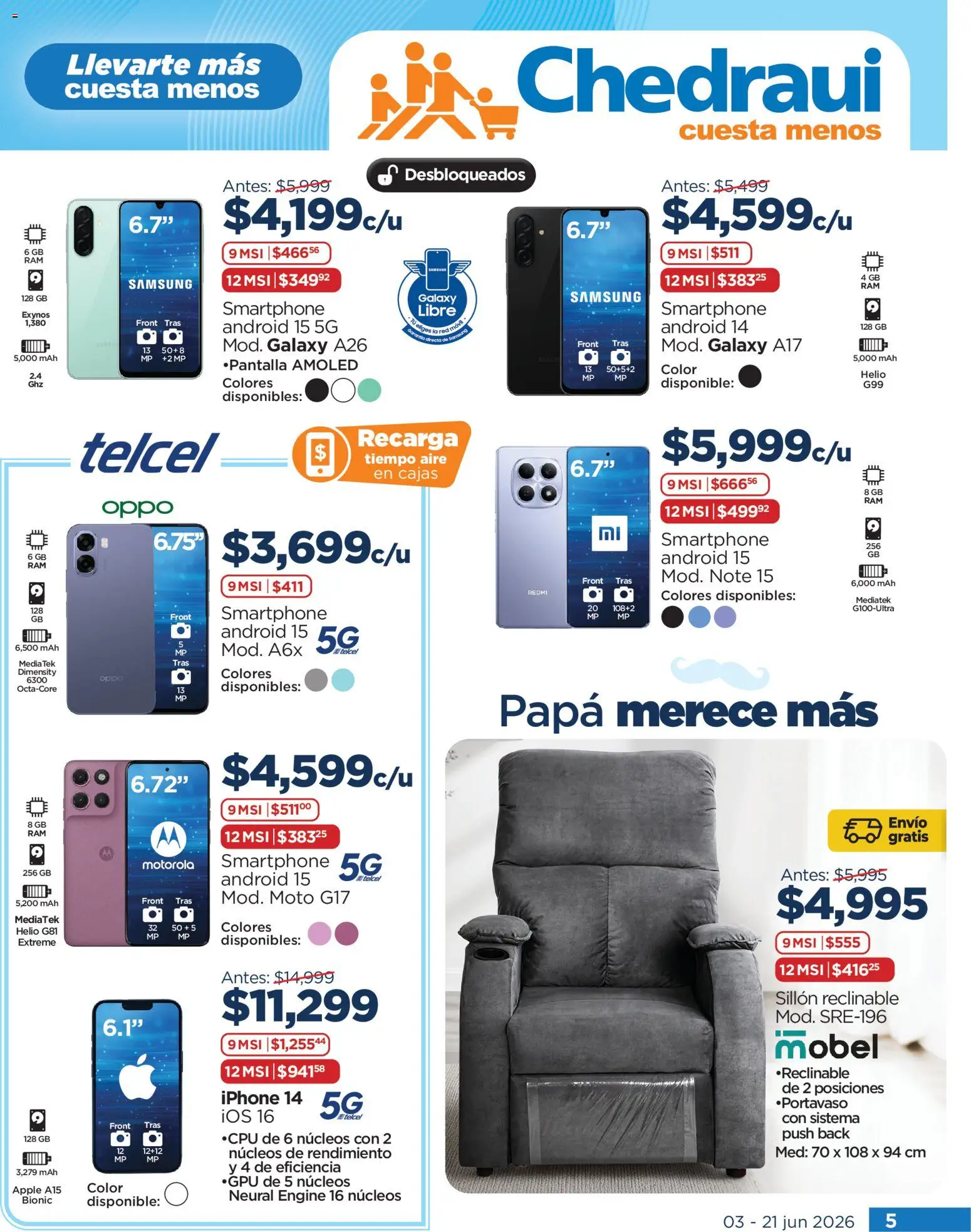 Nuevas ofertas de Chedraui válidas en toda la República Mexicana desde el 03.06.2026. ¡Encuentra las mejores ofertas en Chedraui folleto Todo para papá! | Página: 5 | Productos: Papa, Sillón, Movil, Smartphone