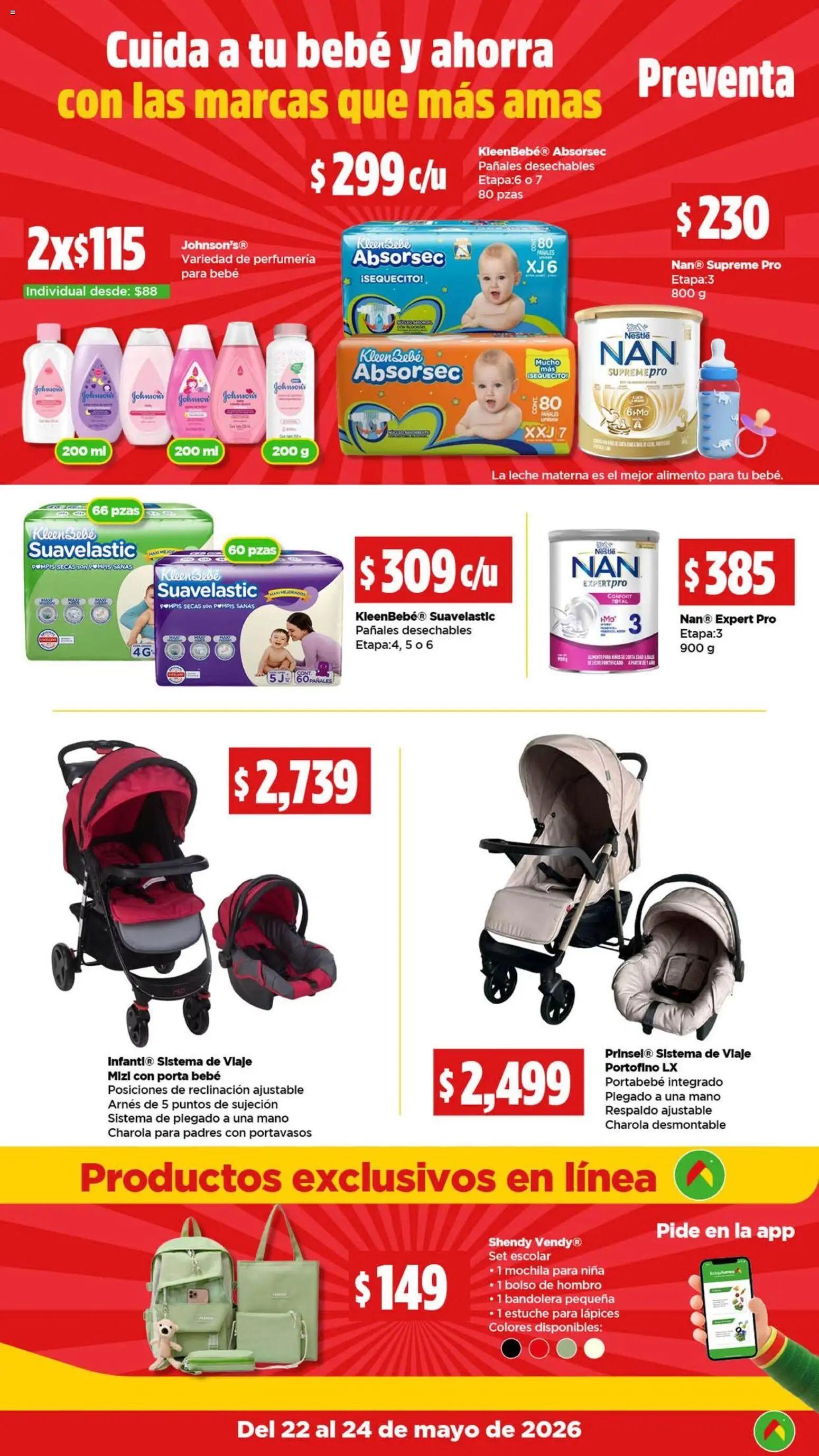Nuevas ofertas de Bodega Aurrerá válidas en toda la República Mexicana desde el 22.05.2026. ¡Encuentra las mejores ofertas en Bodega Aurrerá folleto Preventa! | Página: 15 | Productos: Bolso, Leche, Estuche, Pañales