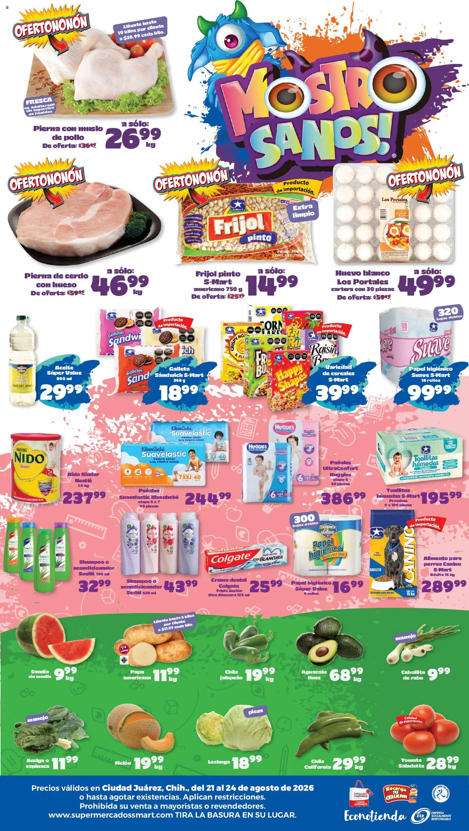 Nuevas ofertas de S-Mart válidas en toda la República Mexicana desde el 21/08/2026. ¡Encuentra las mejores ofertas en S-Mart folleto Juárez! | Página: 2 | Productos: Chile, Toallitas húmedas, Aguacate, Pierna de cerdo