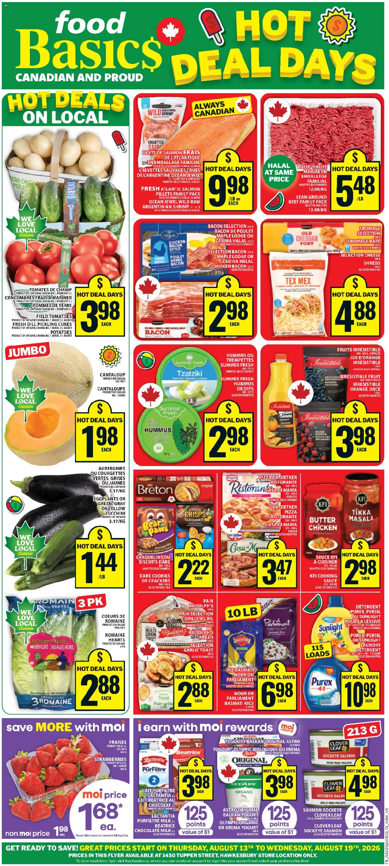 Food Basics flyer valid from Aug 13, 2026 | Page: 1 | Products: Hummus, Strawberries, Basmati rice, Garlic