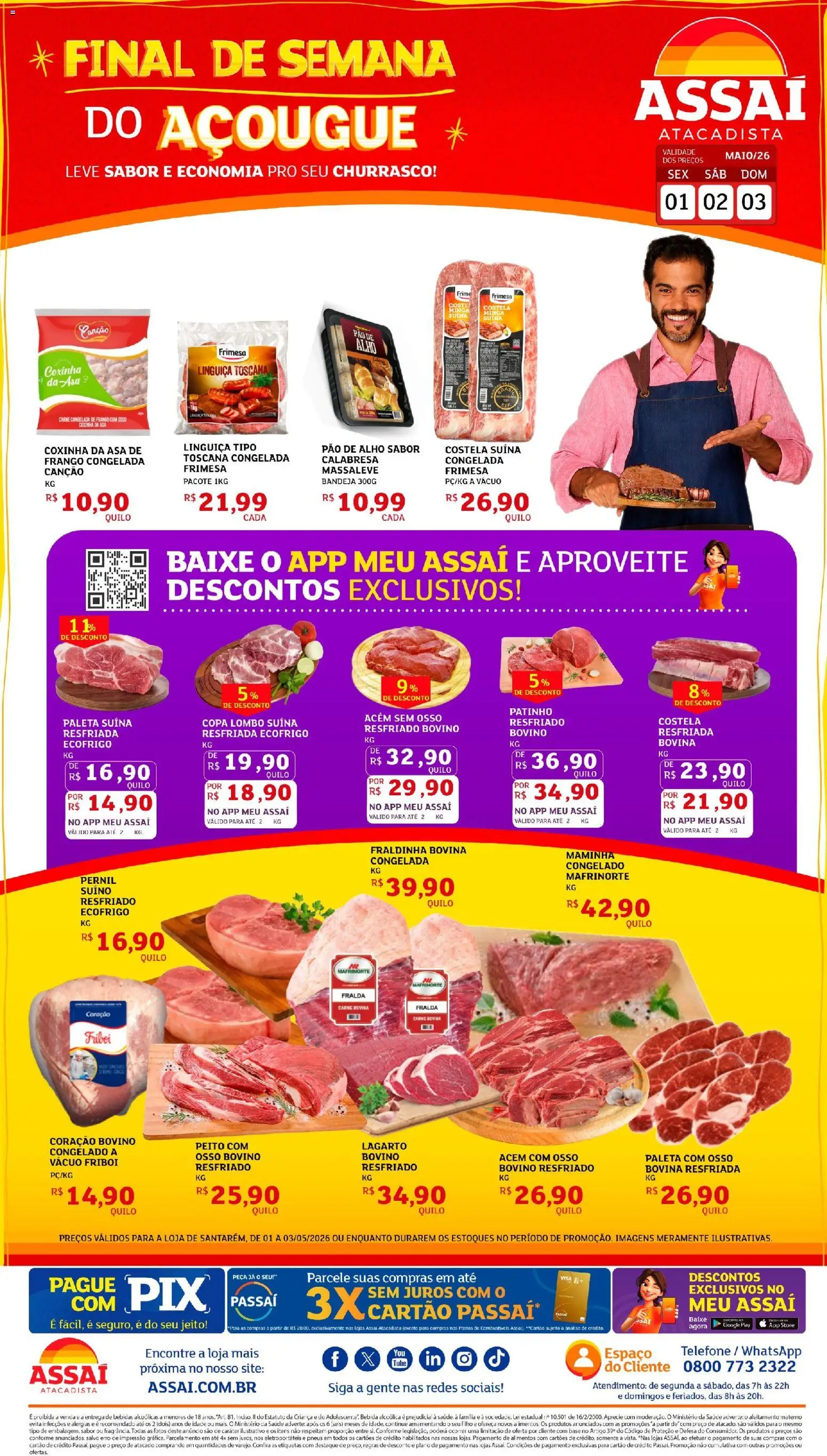 Assaí Atacadista Folheto - válido de 01.05.2026 | Página: 1 | Produtos: Fraldinha, Lombo, Pão, Pneus