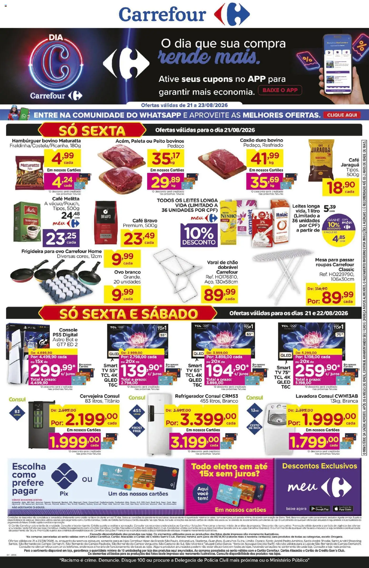 Carrefour Folheto - válido de 21/08/2026 | Página: 1 | Produtos: Frigideira, Cervejeira, Varal de chão, Roupas
