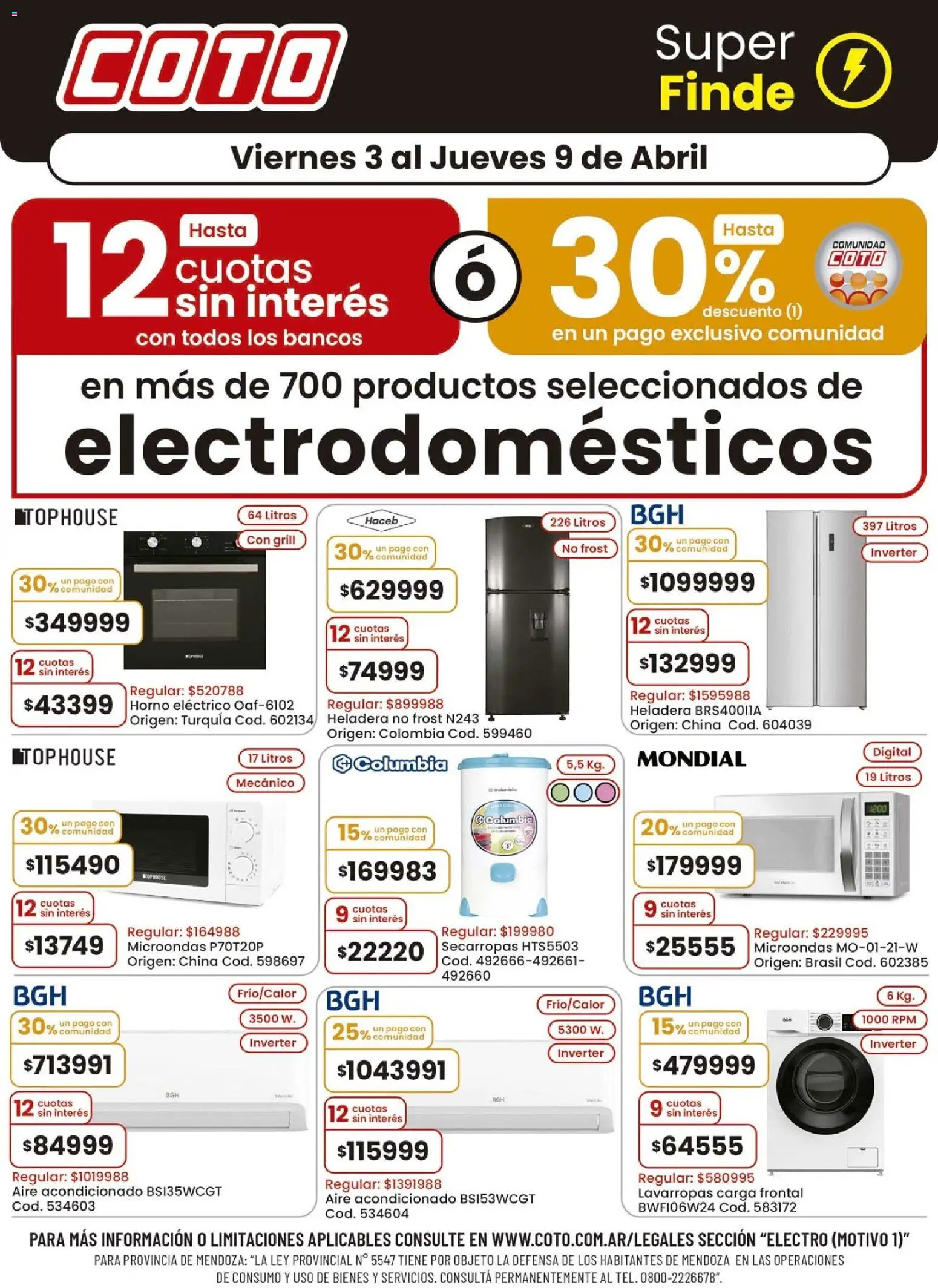 Coto - Electro Motivo B │ válido desde el 03/04/2026 | Página: 1 | Productos: Aire acondicionado, Secarropas, Lavarropas, Heladera