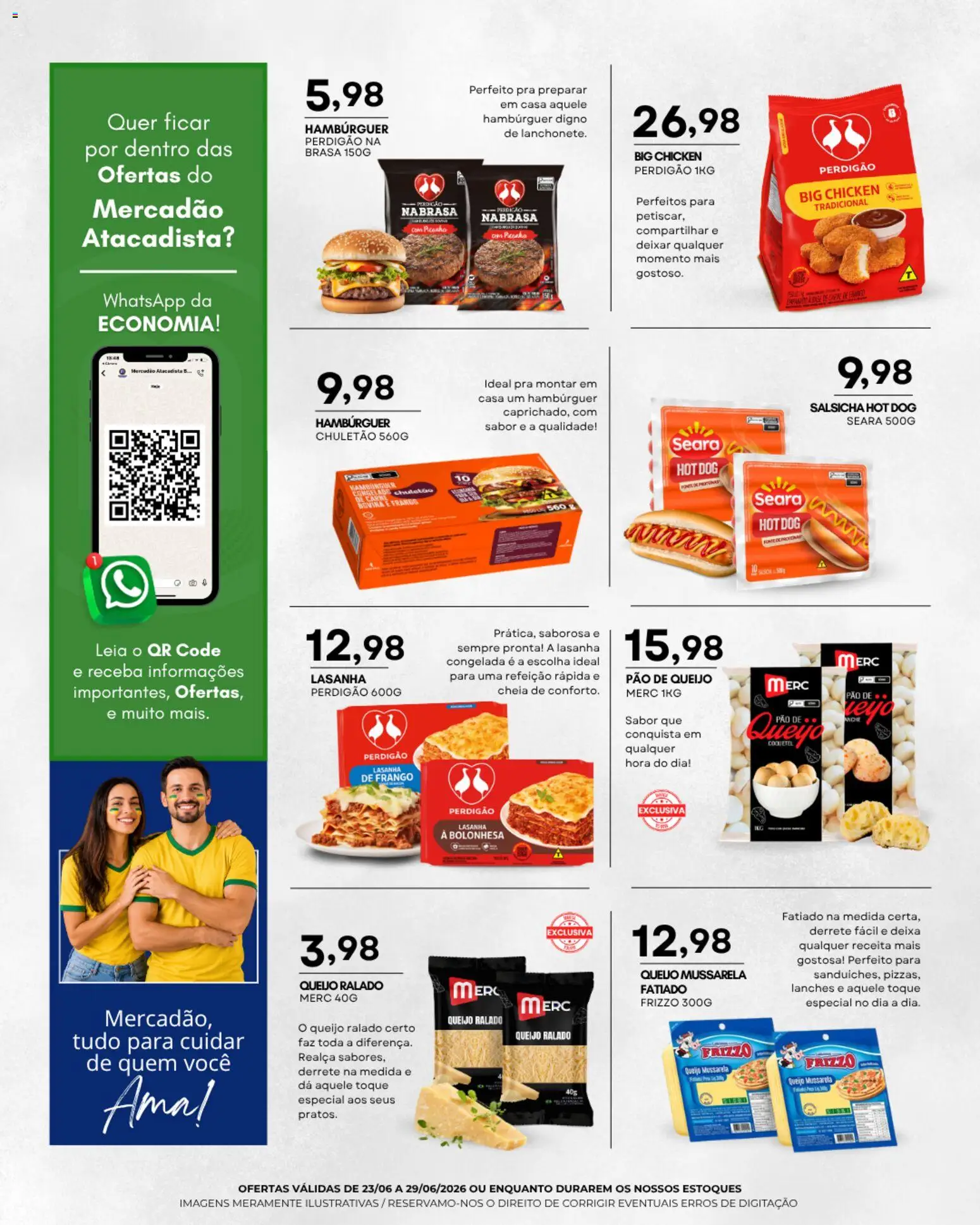 Mercadão Atacadista Folheto - válido de 23/06/2026 | Página: 4 | Produtos: Salsicha, Pão, Queijo ralado, Carne
