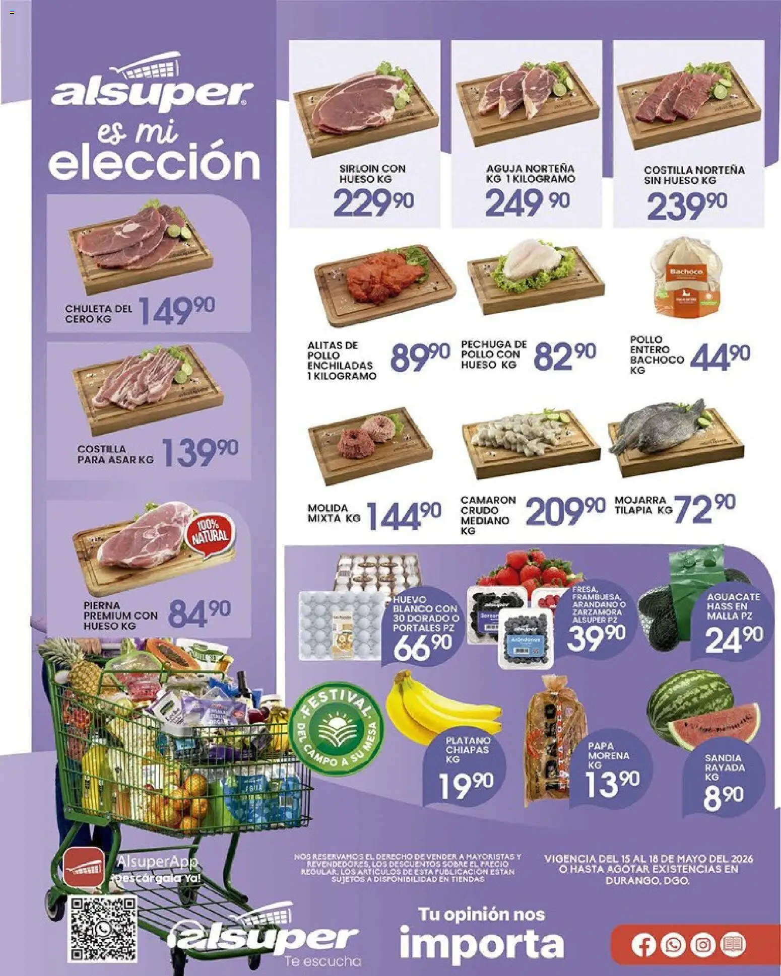 Nuevas ofertas de Alsuper válidas en toda la República Mexicana desde el 15.05.2026. ¡Encuentra las mejores ofertas en Alsuper folleto Durango! | Página: 1 | Productos: Sandía, Aguacate, Mesa, Té