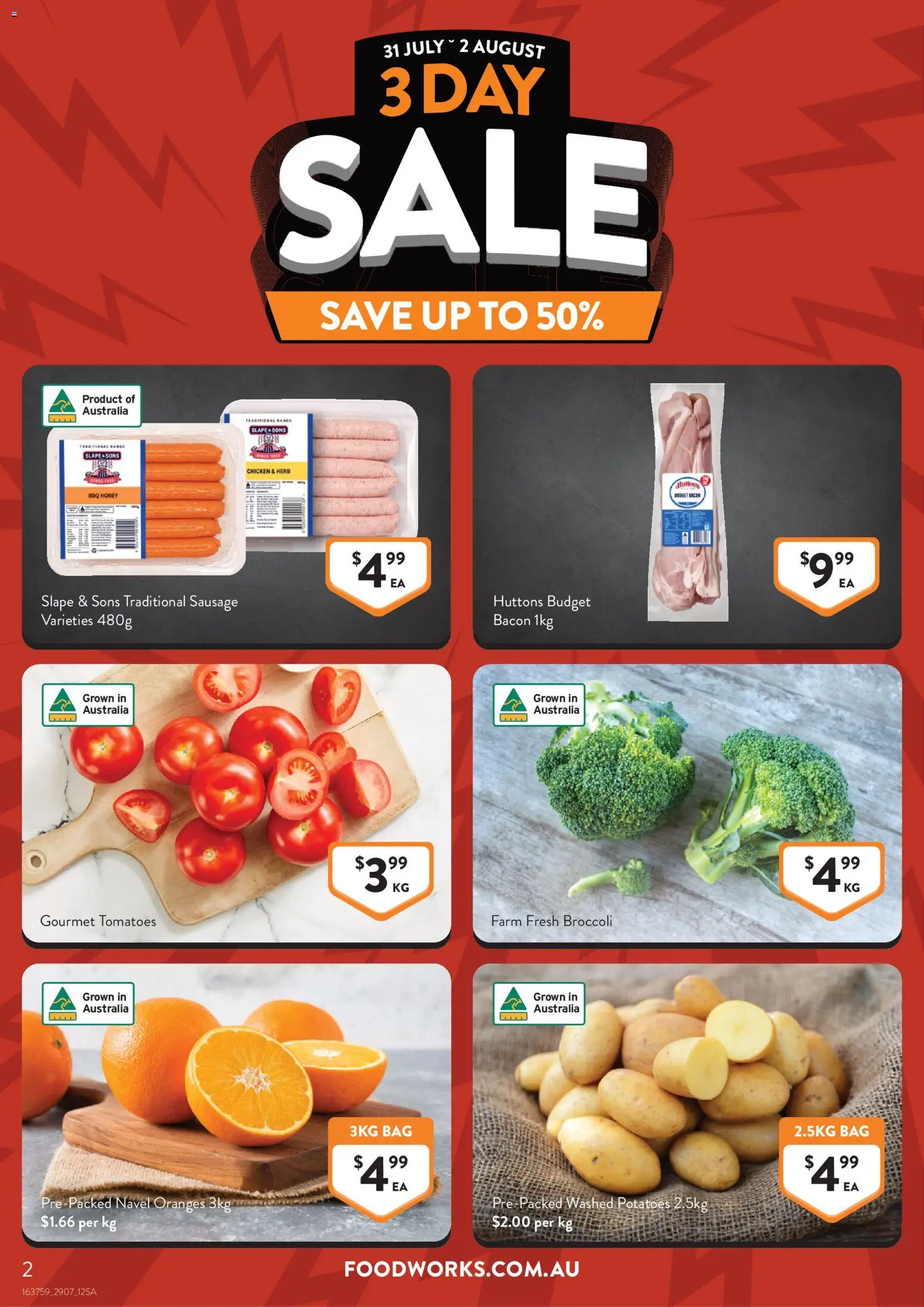 Foodworks catalogue - valid from 29/07/2026 | Page: 2 | Products: Chicken, Tomatoes, Potatoes, Sausage
