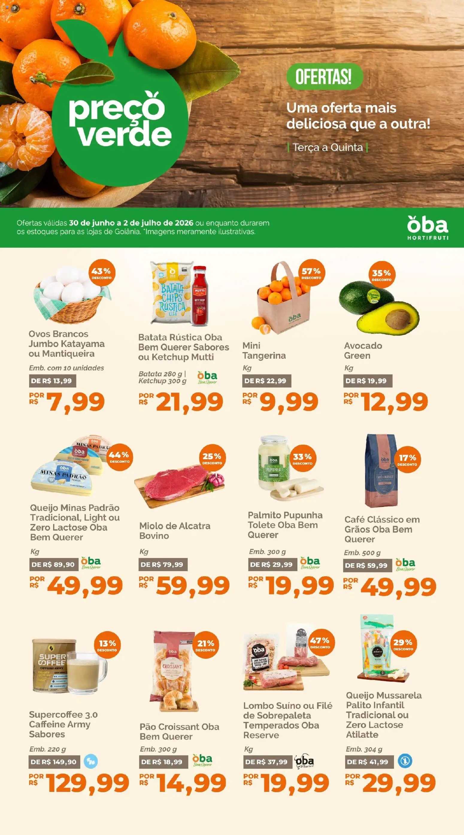 Oba Hortifruti Folheto - válido de 30/06/2026 | Página: 1 | Produtos: Pupunha, Pão, Café, Batata