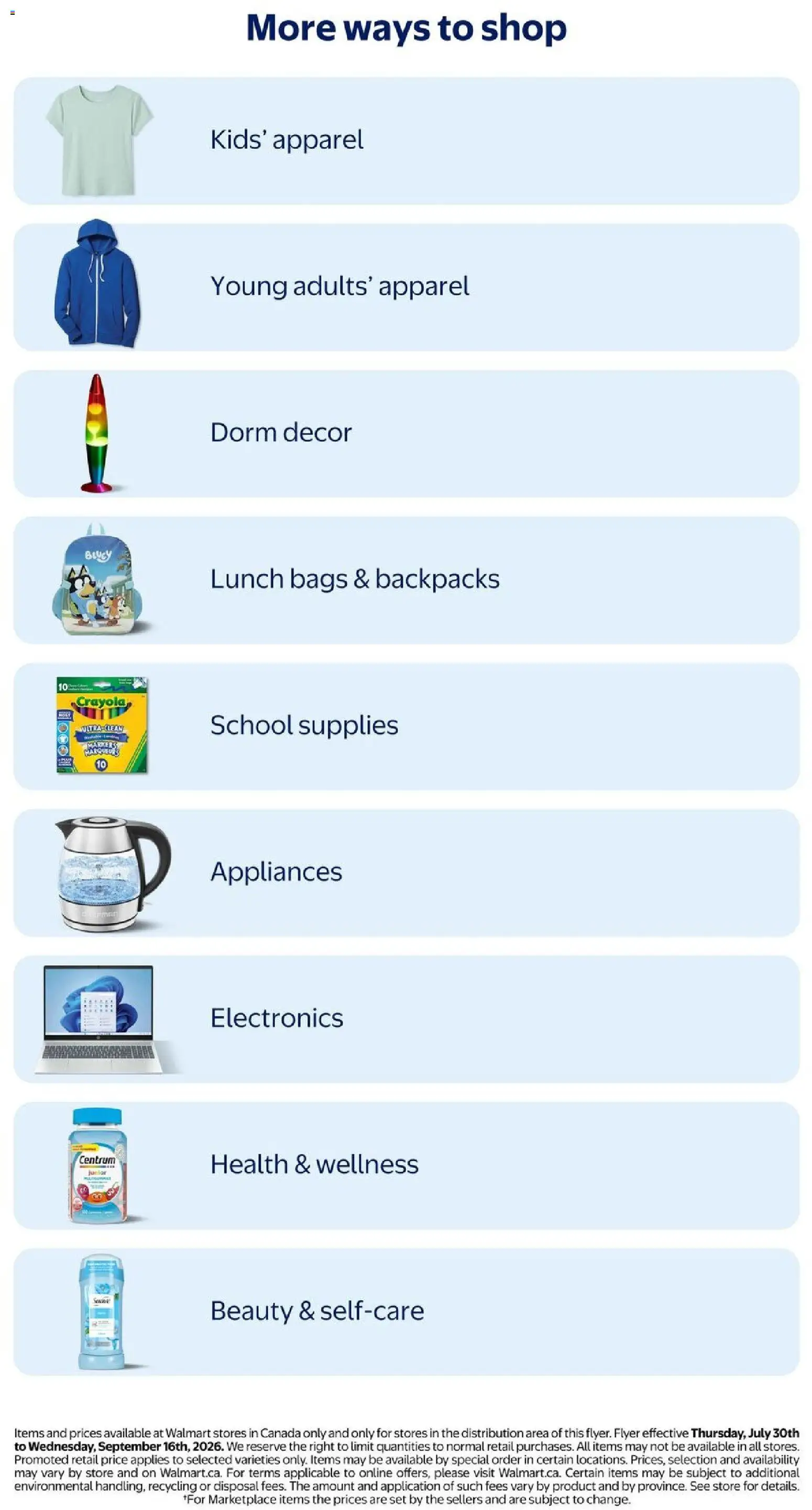 Walmart flyer valid from Jul 30, 2026 | Page: 29 | Products: Electric kettle, Deodorant, T-shirt, Hoodie
