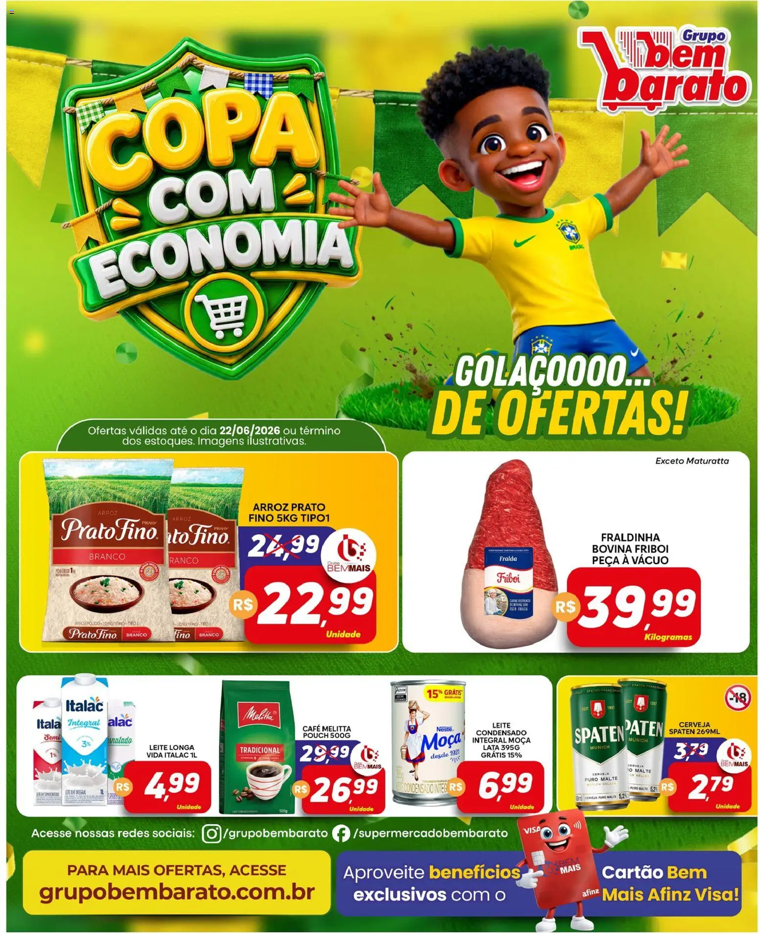 Supermercado Bem Barato Folheto - válido de 16.06.2026 | Página: 1 | Produtos: Fraldinha, Leite, Copa, Carne