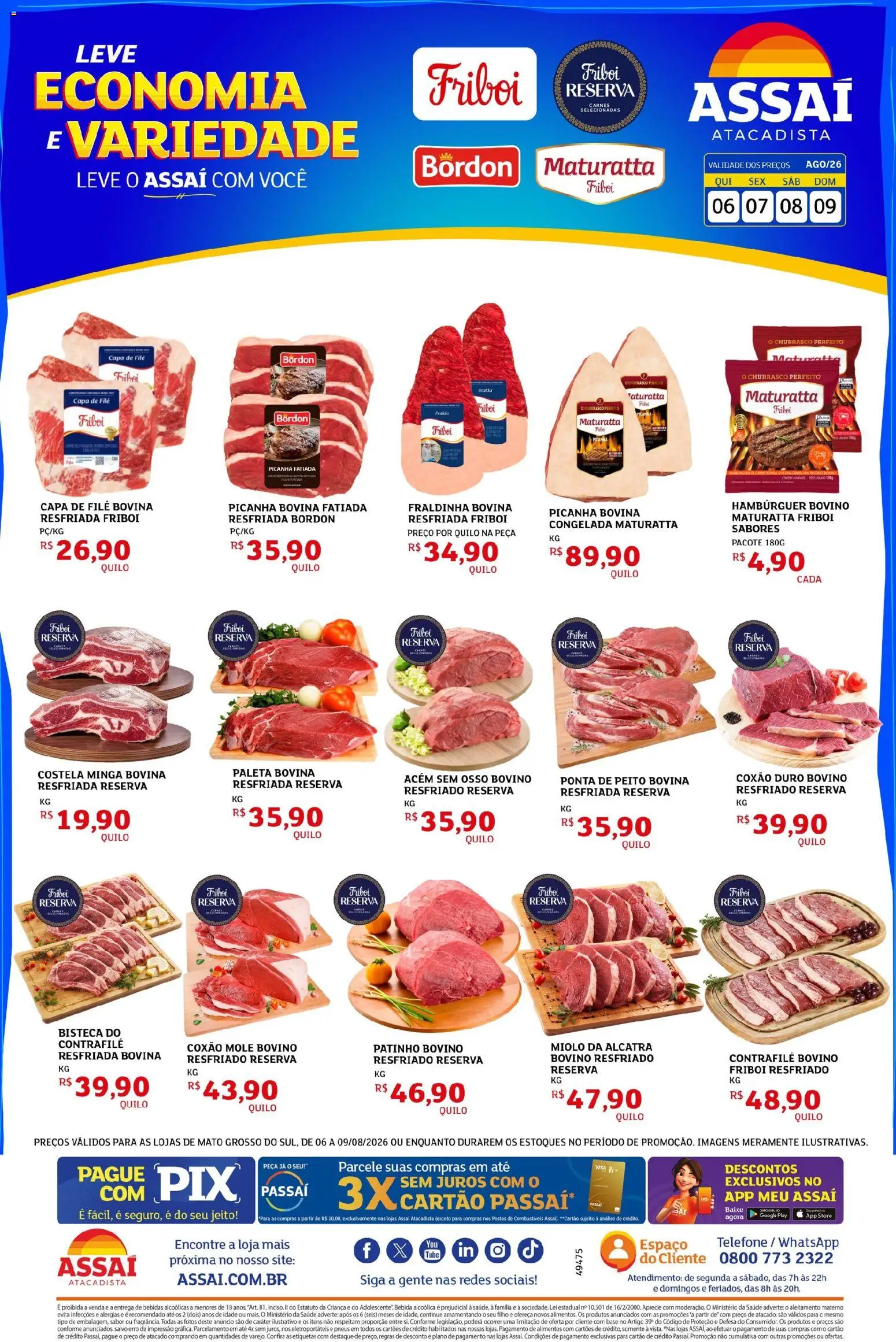 Assaí Atacadista Folheto - válido de 06/08/2026 | Página: 1 | Produtos: Fraldinha, Picanha, Hambúrguer, Telefone