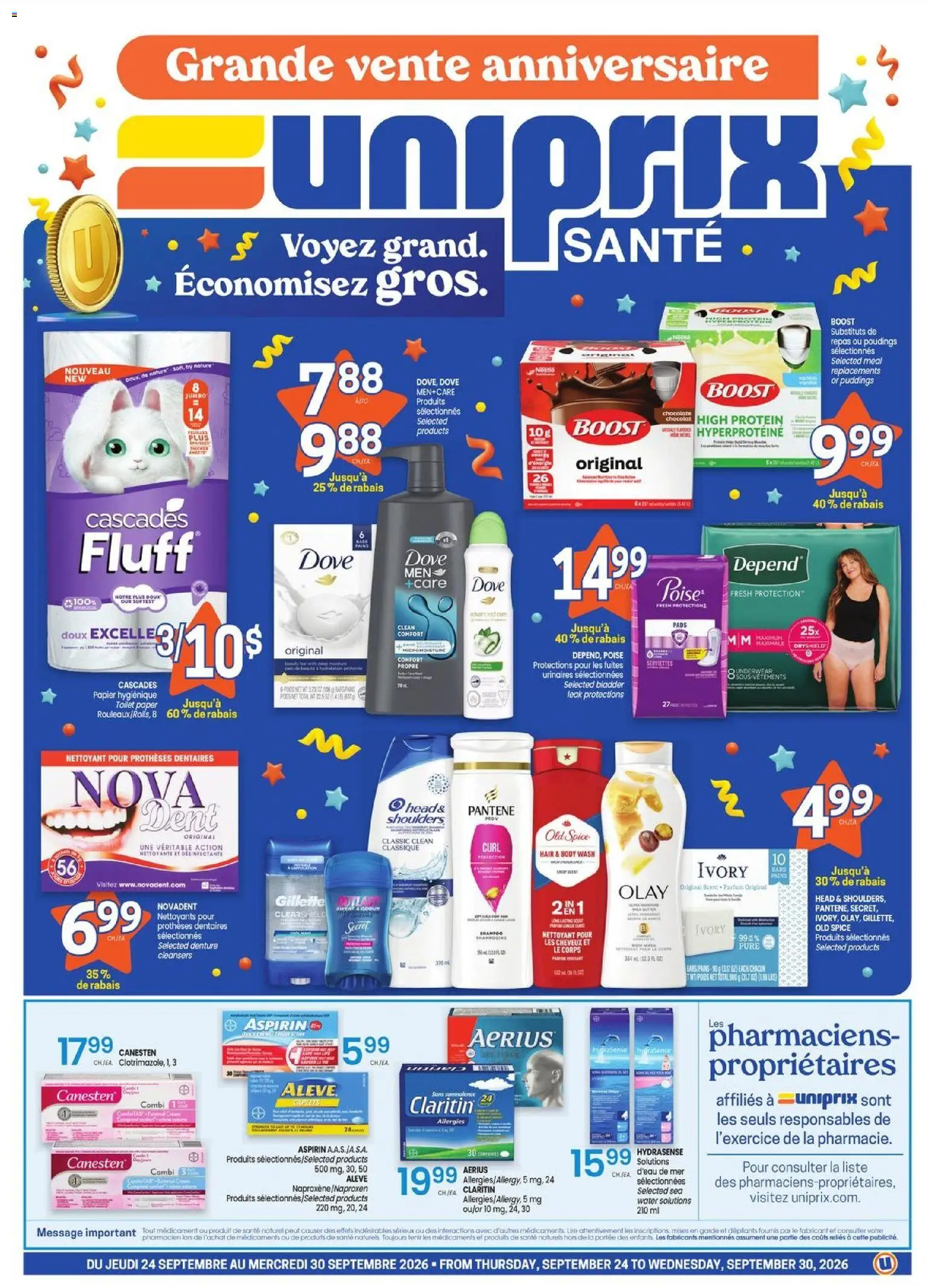 Uniprix flyer valid from Sep 24, 2026 | Page: 1 | Products: Water, Toilet paper, Body wash, Chocolate