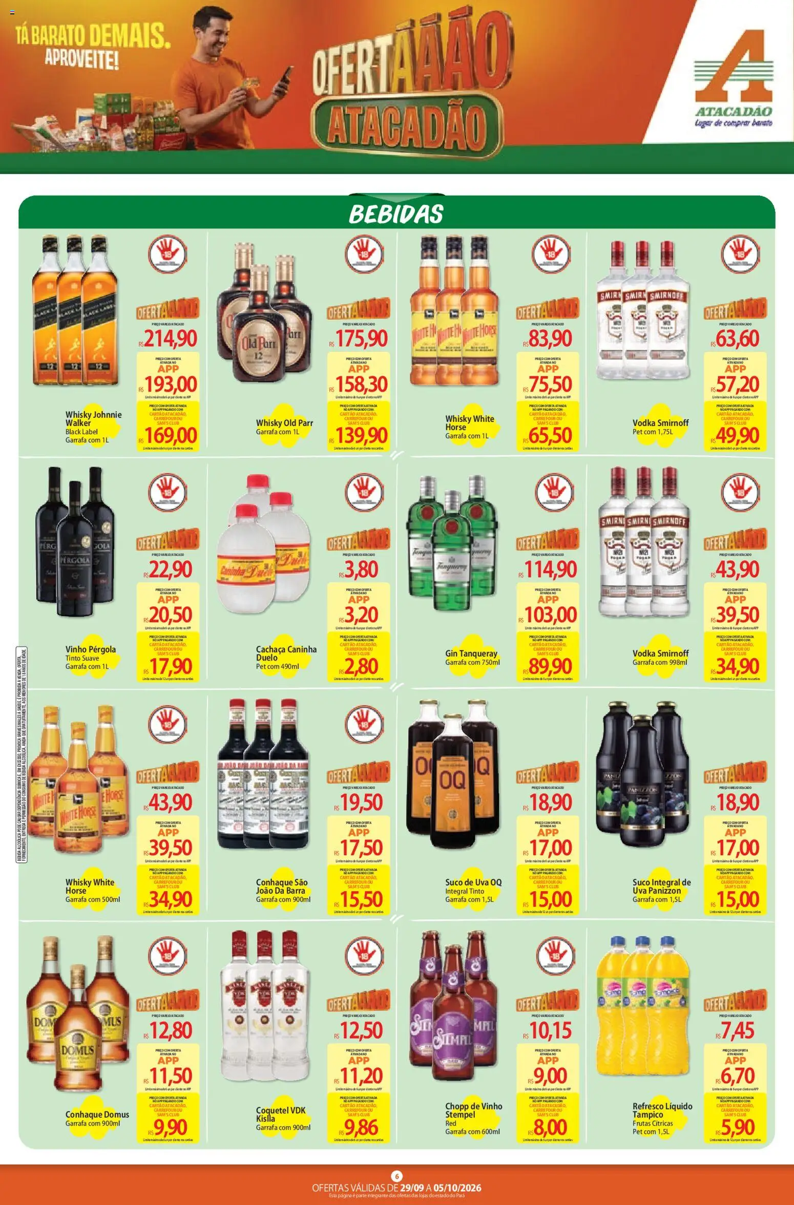 Atacadão Folheto - válido de 29/09/2026 | Página: 6 | Produtos: Cachaça, Bebidas, Leite, Vinho