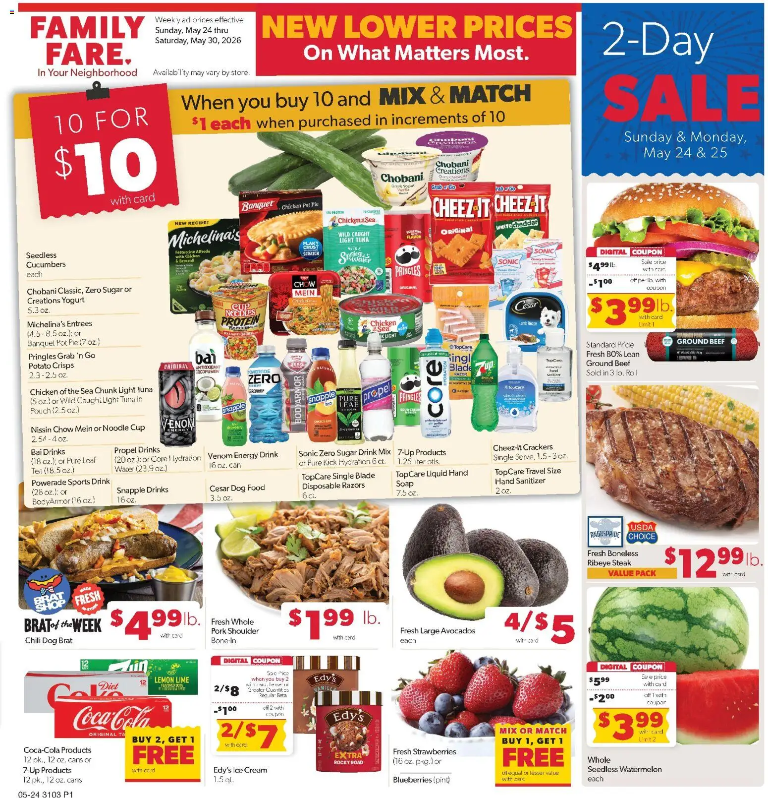 Family Fare Weekly Ad - ND - valid from 24.05.2026 | Page: 1 | Products: Pork, Cream, Water, Sugar