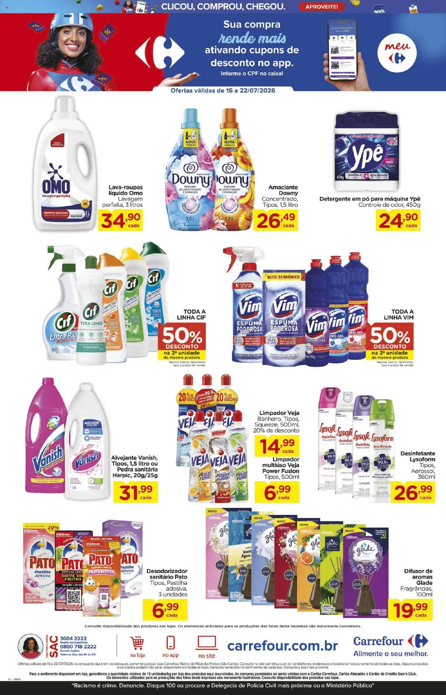 Carrefour Bairro Folheto - válido de 16/07/2026 | Página: 7 | Produtos: Pedra sanitária, Cloro, Limpador multiuso, Desinfetante