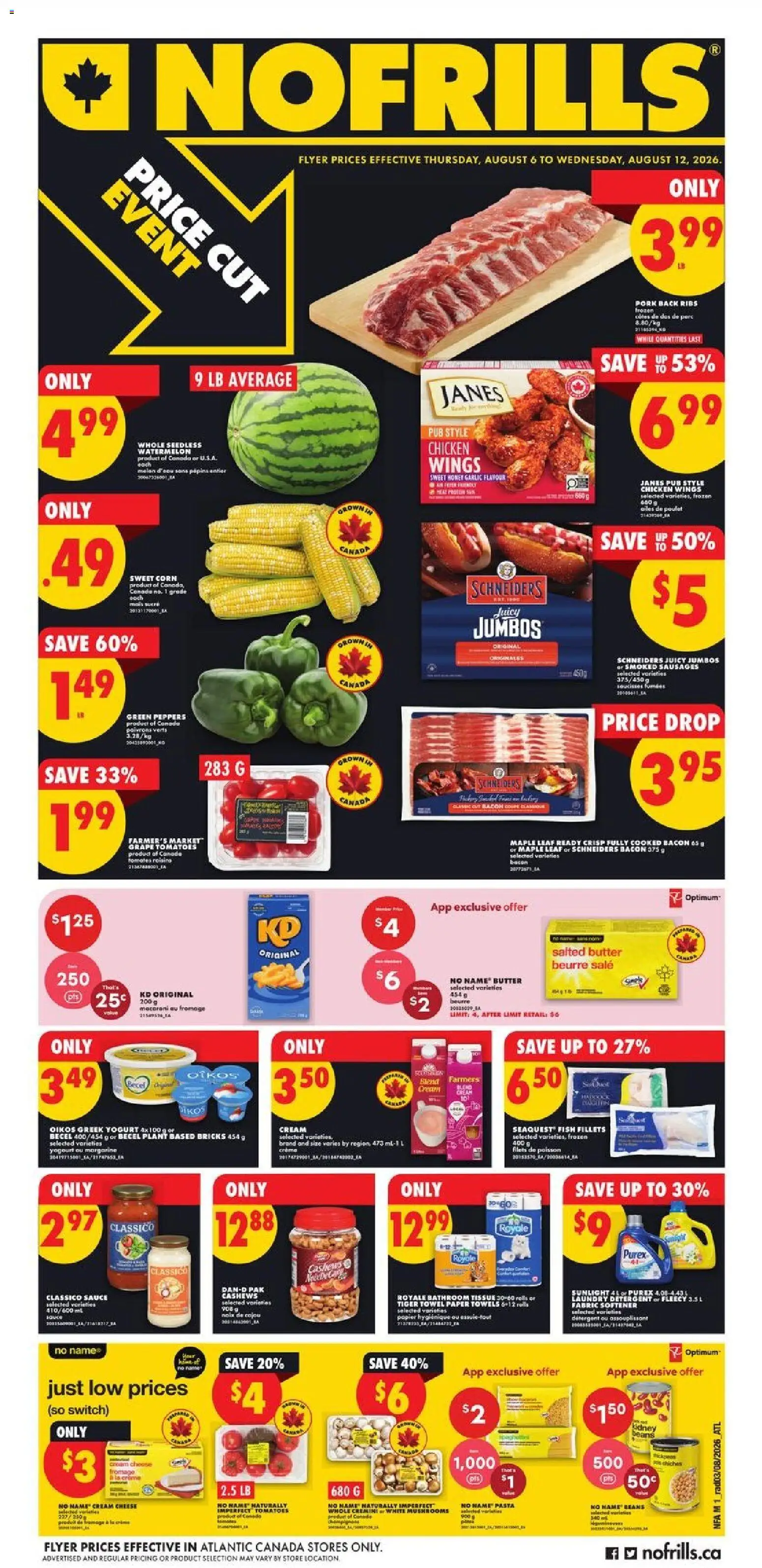 No Frills flyer valid from Aug 6, 2026 | Page: 1 | Products: Chicken wings, Fabric softener, Butter, Tomatoes