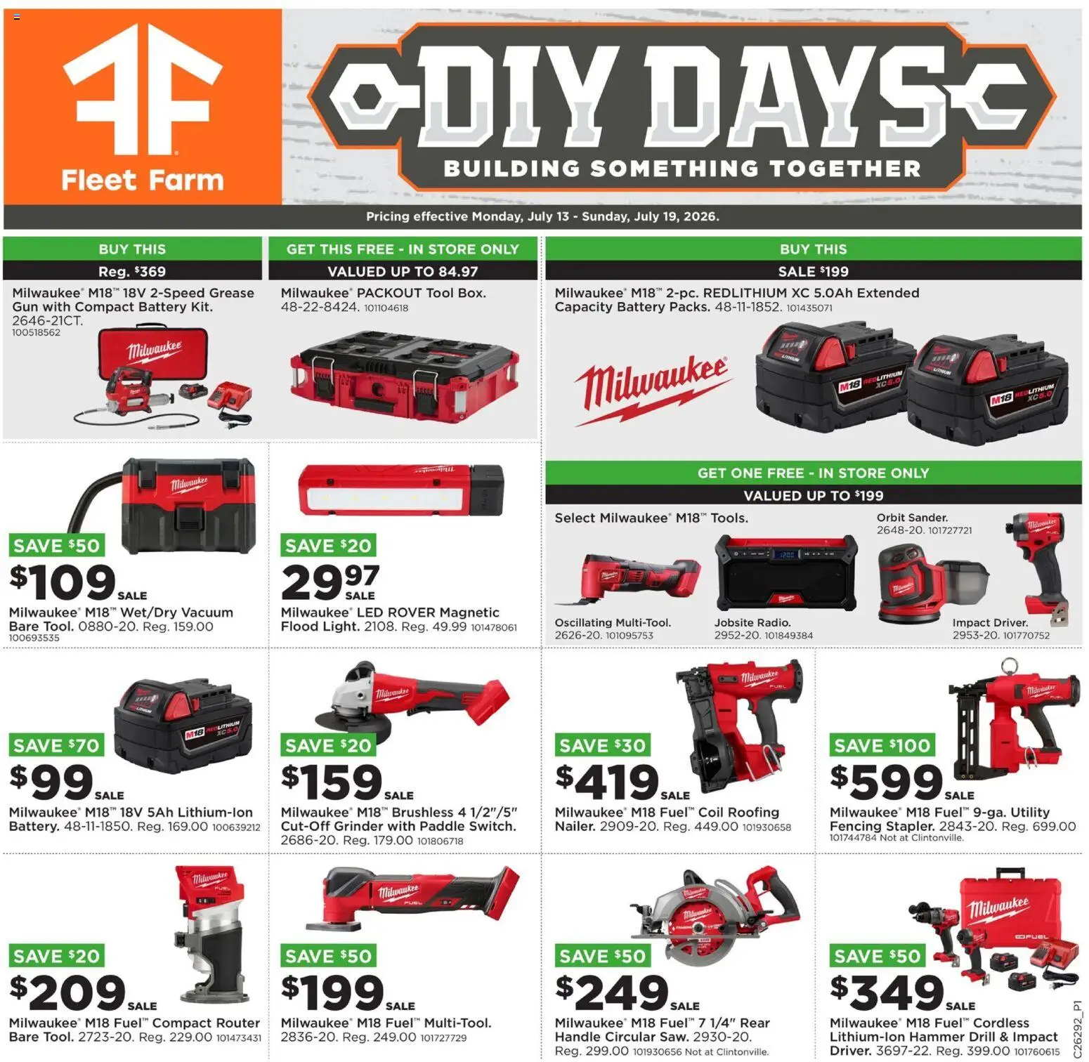 Mills Fleet Farm DIY Days - valid from 07/13/2026 | Page: 1 | Products: Vacuum, Battery, Hammer, Grinder