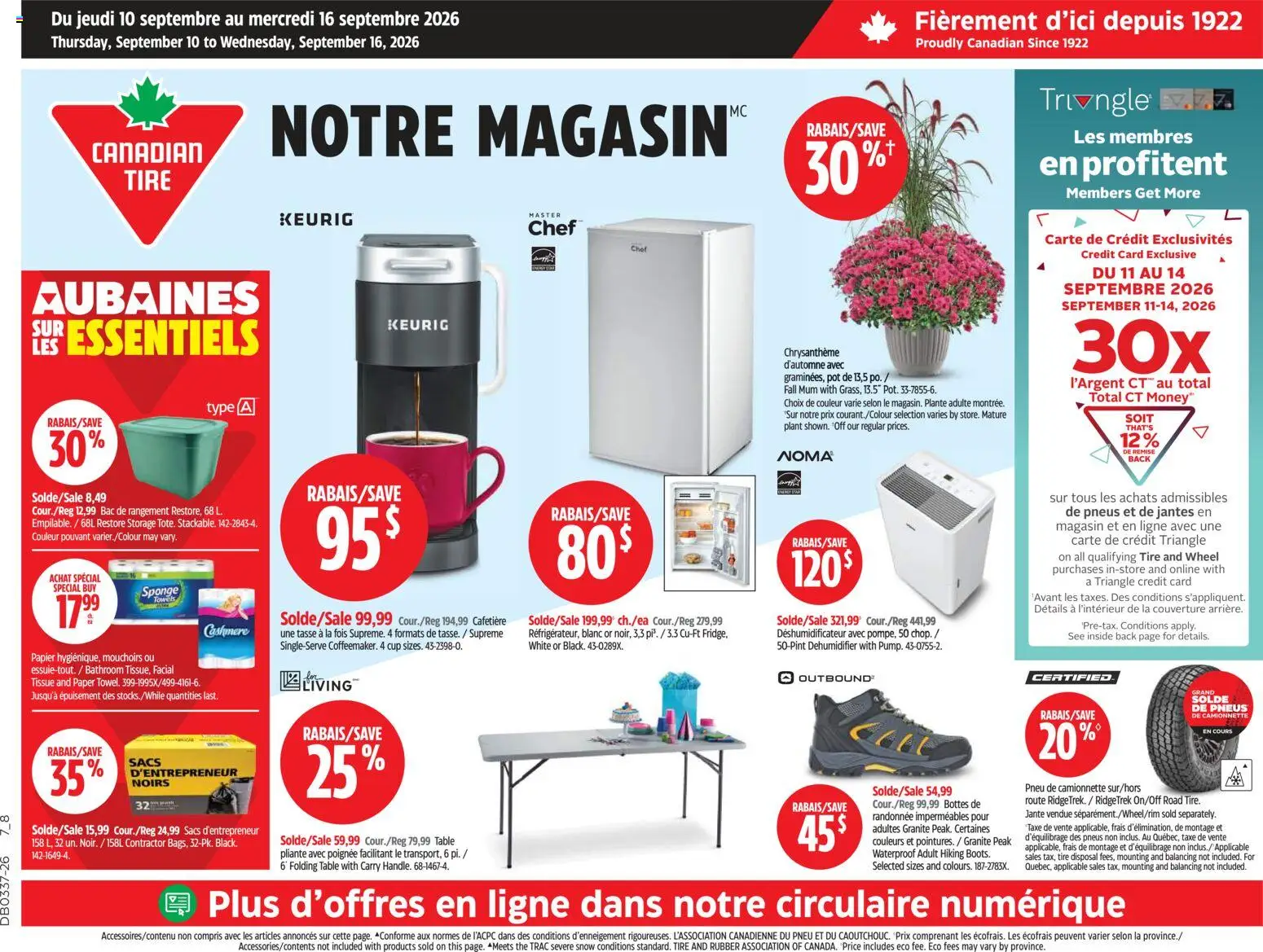 Canadian Tire flyer valid from Sep 10, 2026 | Page: 1 | Products: Folding table, Sponge, Towels, Table