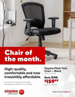 Preview of Staples flyer - Chair of the month from shop Staples valid from 01.06.2026