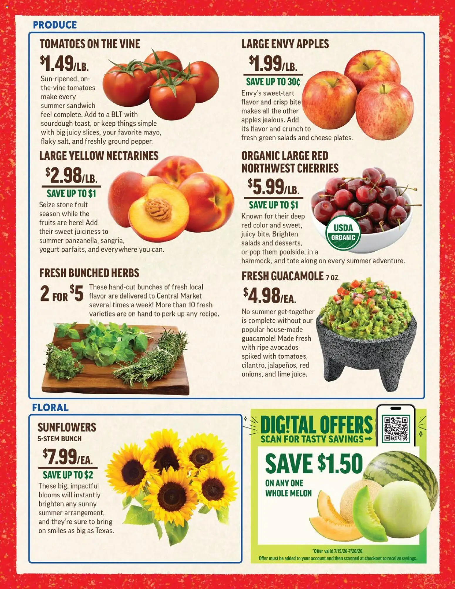 Central Market Weekly Ad - valid from 07/15/2026 | Page: 2 | Products: Cheese, Tomatoes, Fruits, Melon