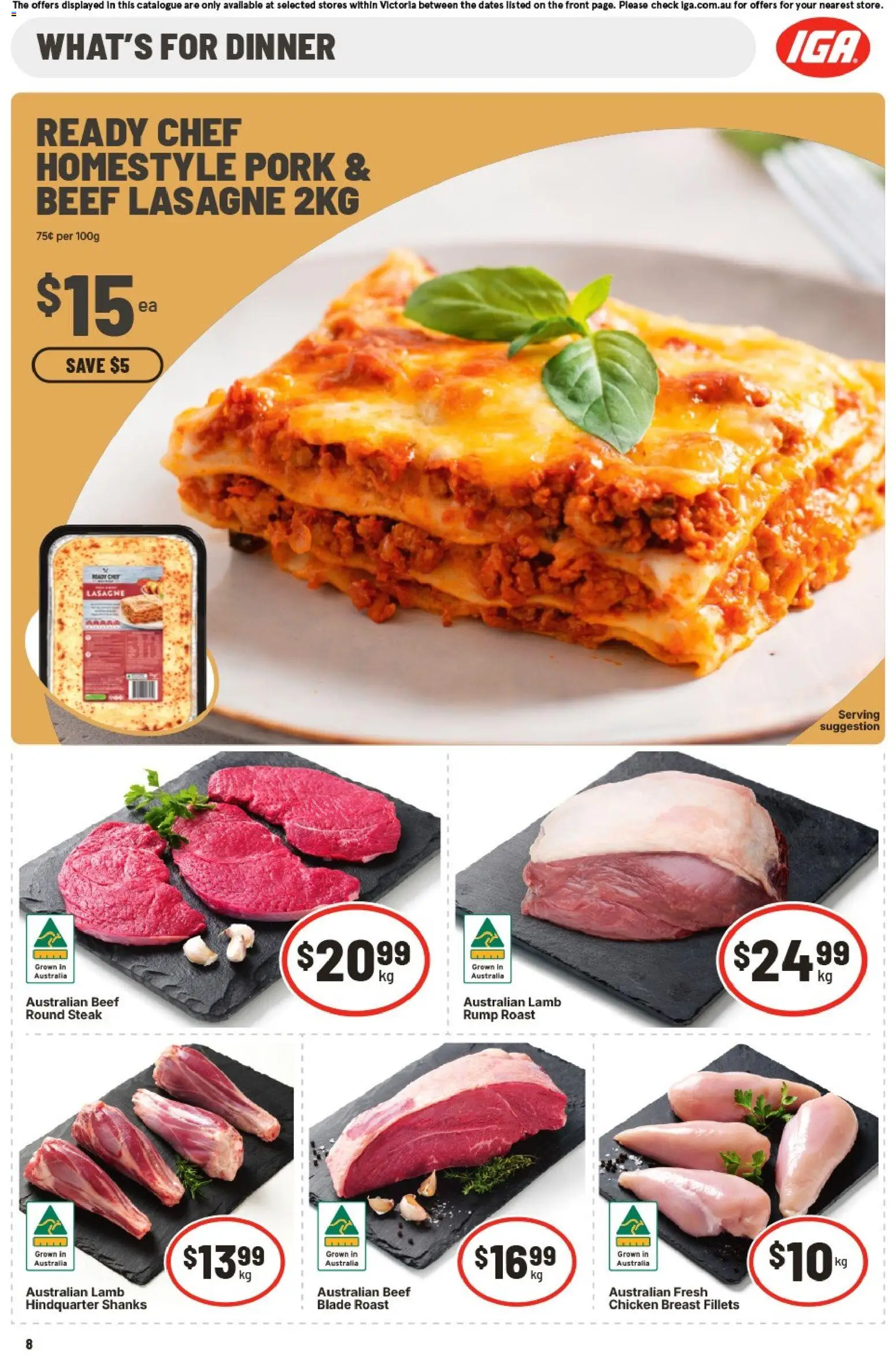 IGA catalogue - valid from 26/08/2026 | Page: 8 | Products: Chicken, Beef, Steak, Lasagne