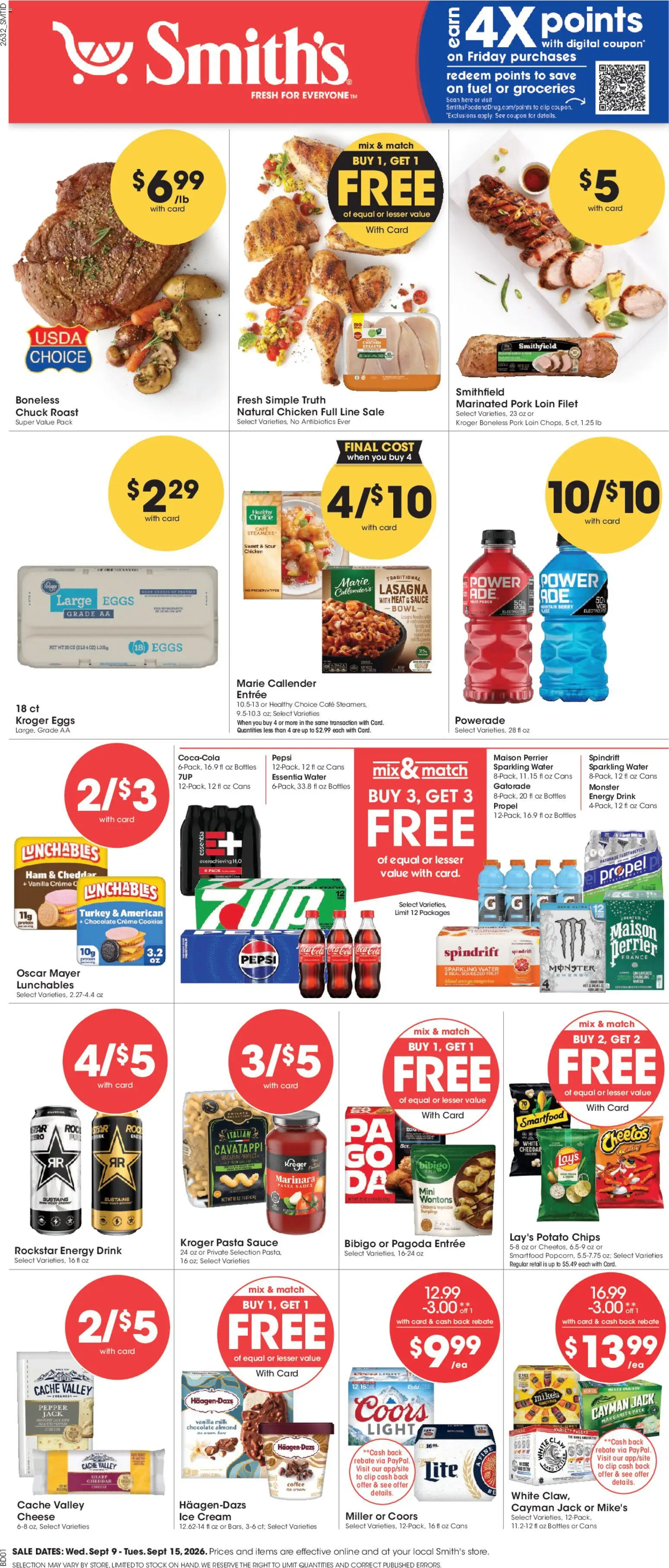 Smith's Weekly Ad - valid from 09/09/2026 | Page: 1 | Products: Milk, Pork, Chips, Energy drink