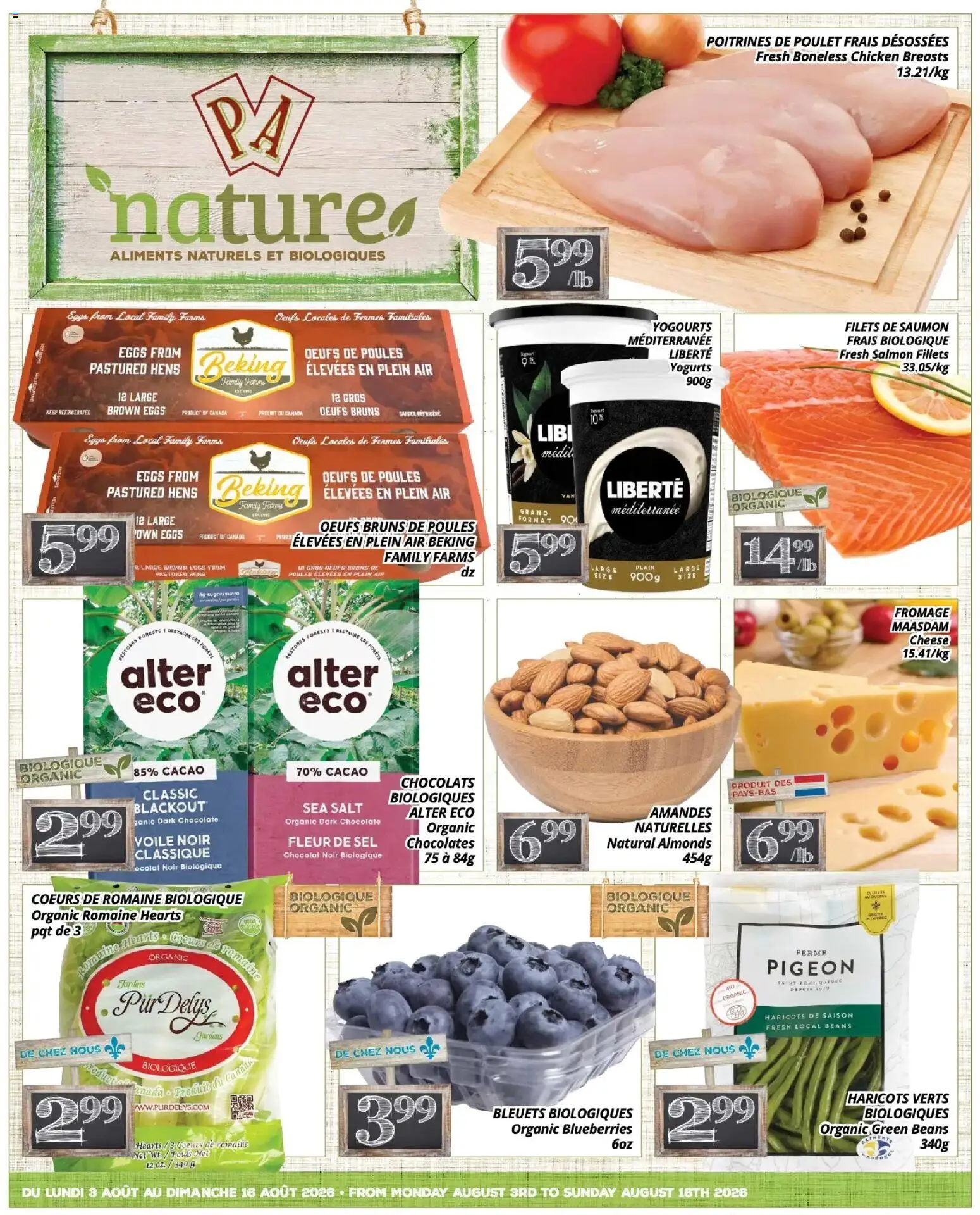 Pa Supermarché flyer valid from Aug 3, 2026 | Page: 1 | Products: Salmon, Blueberries, Beans, Chocolate