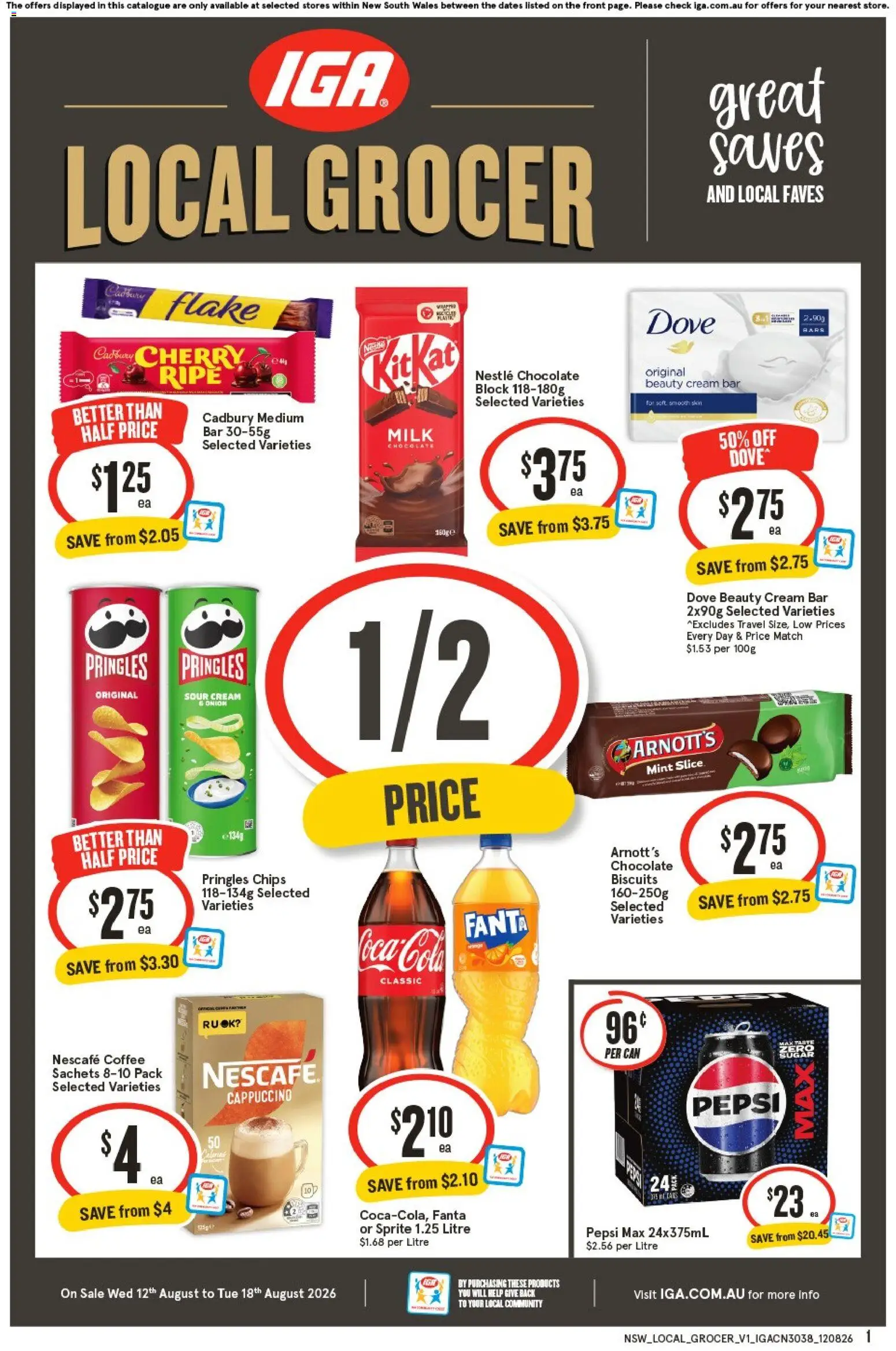 IGA catalogue - valid from 12/08/2026 | Page: 1 | Products: Chocolate, Nescafe, Sprite, Pepsi Max