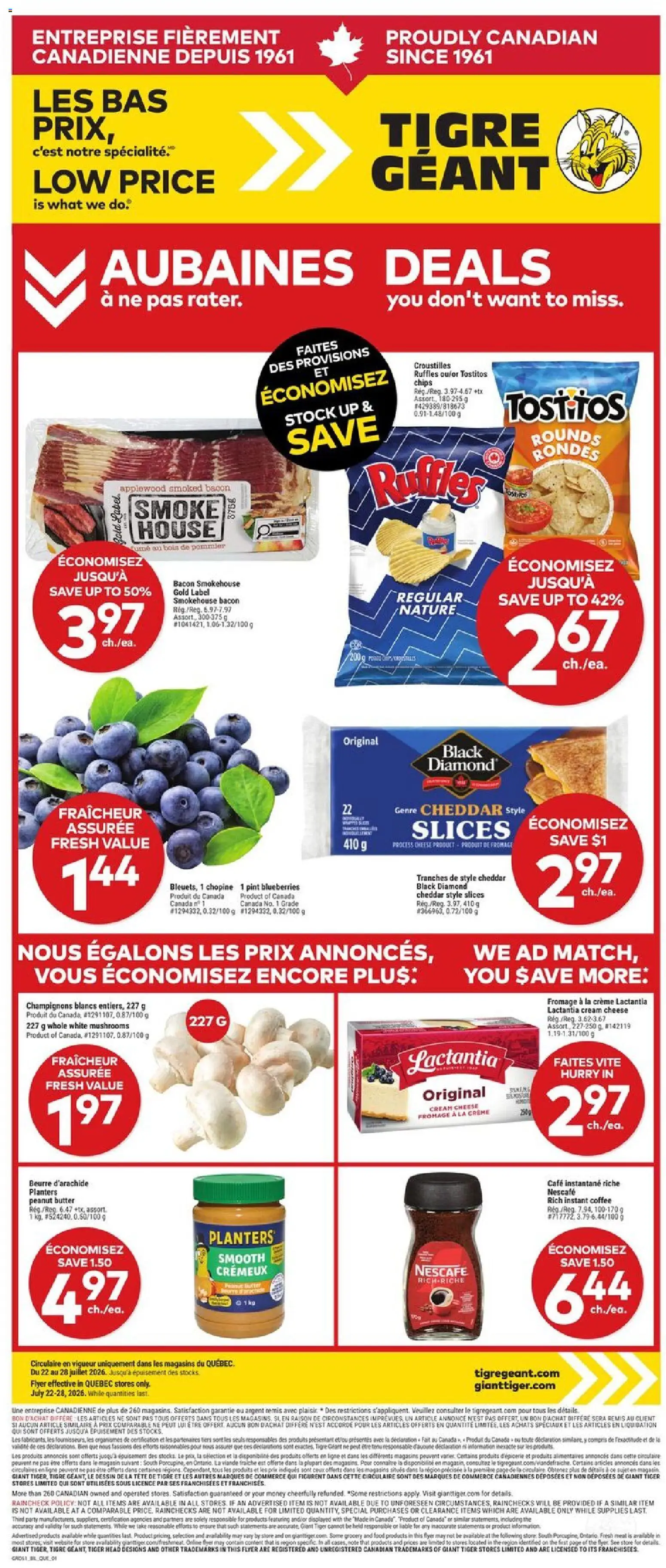 Giant Tiger flyer valid from Jul 22, 2026 | Page: 1 | Products: Cream, Butter, Cheese, Coffee