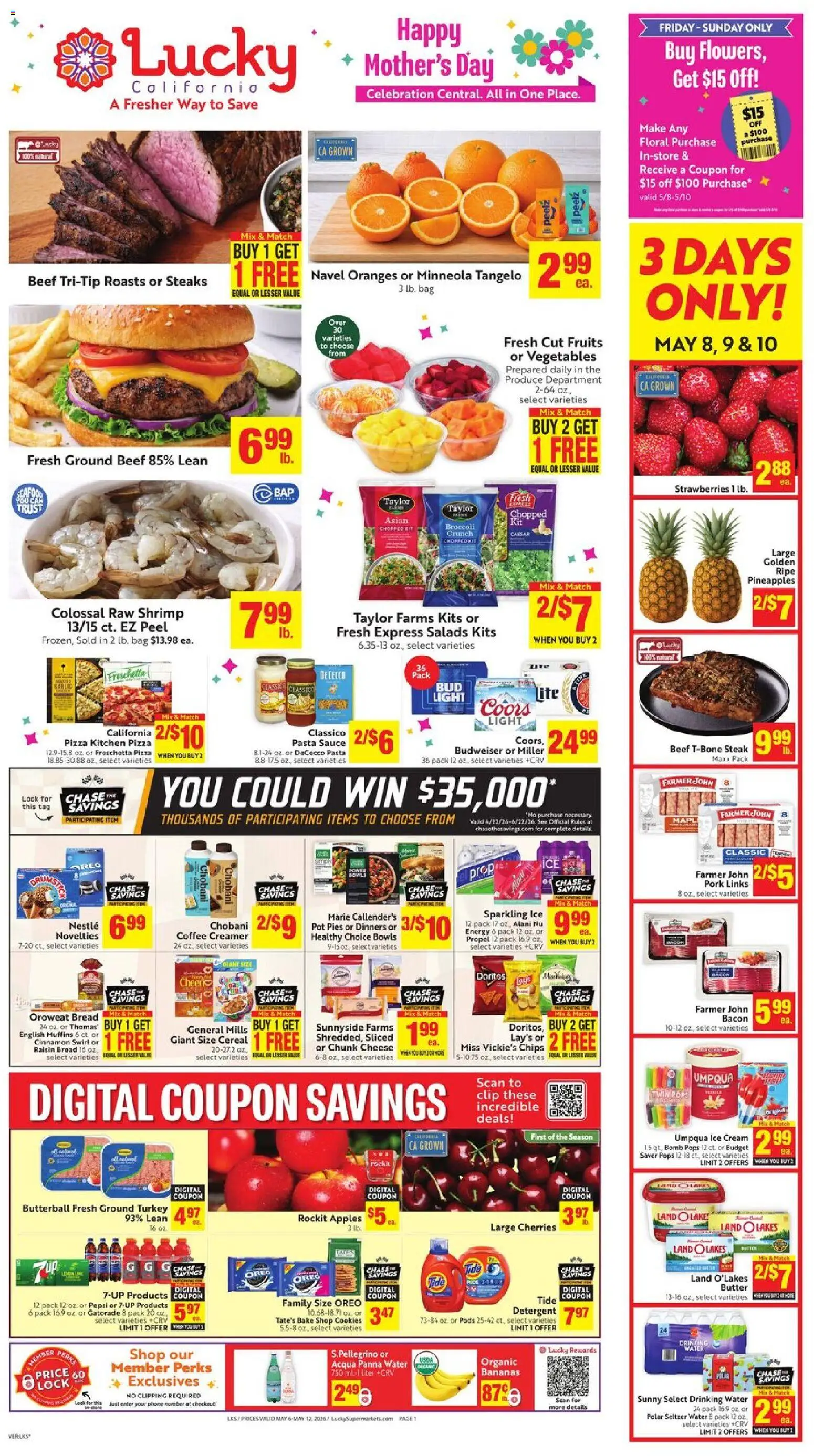 Lucky Supermarkets Weekly - CA - valid from 06.05.2026 | Page: 4 | Products: Beef, Pasta, Water, Sauce