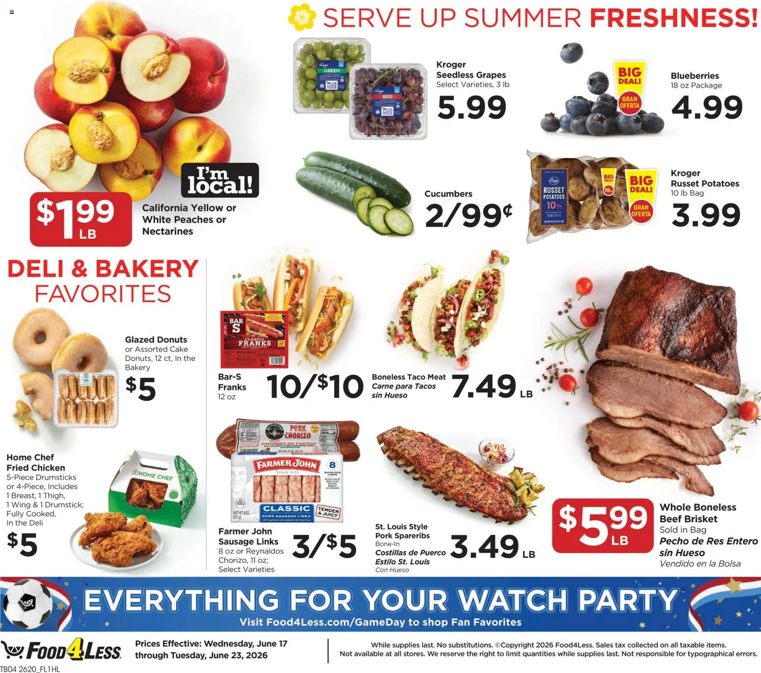 Food 4 Less Weekly Ad - valid from 17.06.2026 | Page: 5 | Products: Pork, Potatoes, Sausage, Watch