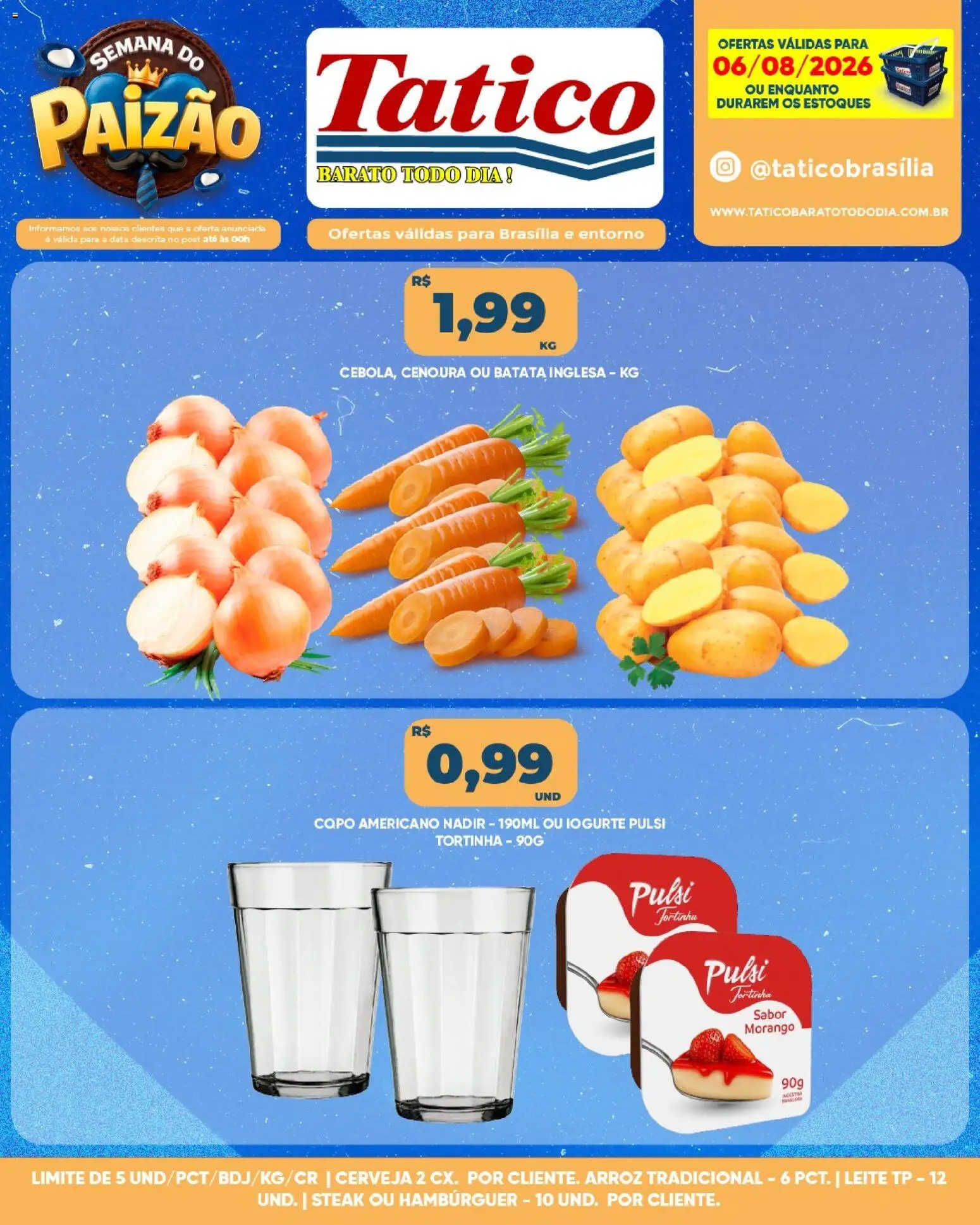 Tatico Folheto - válido de 06/08/2026 | Página: 1 | Produtos: Leite, Arroz, Hambúrguer, Batata